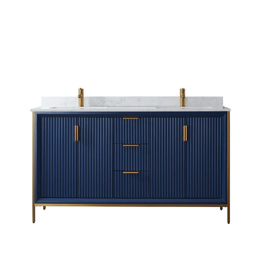 Vinnova Granada 60" Double Vanity In Royal Blue With White Composite Grain Stone Countertop