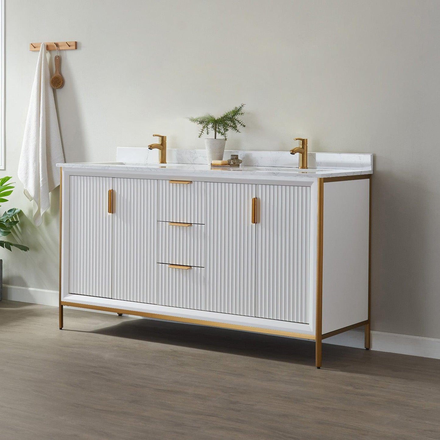 Vinnova Granada 60" Double Vanity In White With White Composite Grain Stone Countertop