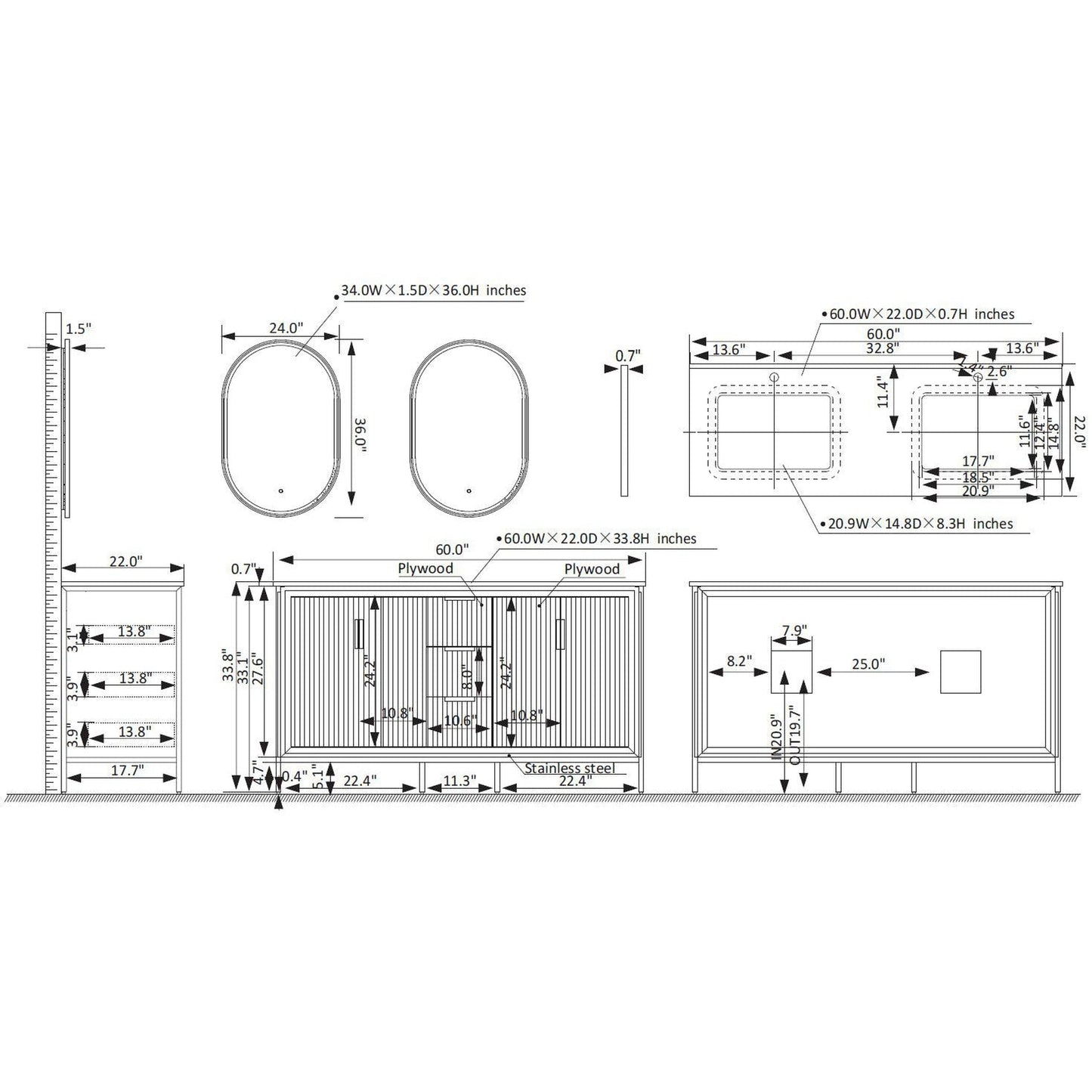 Vinnova Granada 60" Double Vanity In White With White Composite Grain Stone Countertop And Mirror