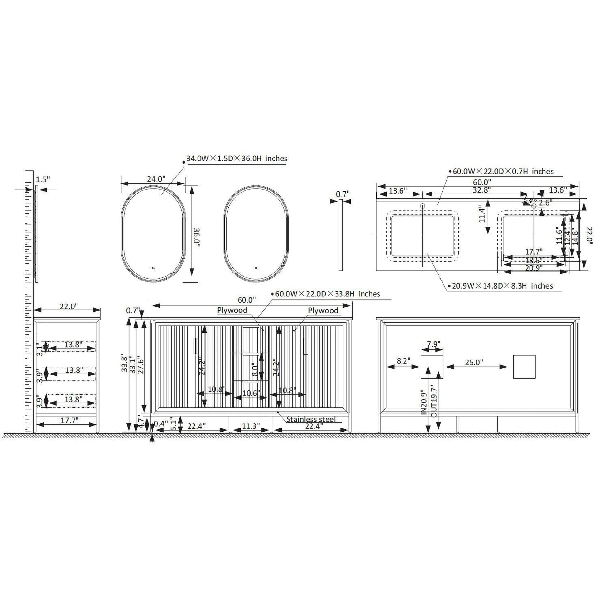 Vinnova Granada 60" Double Vanity In White With White Composite Grain Stone Countertop And Mirror