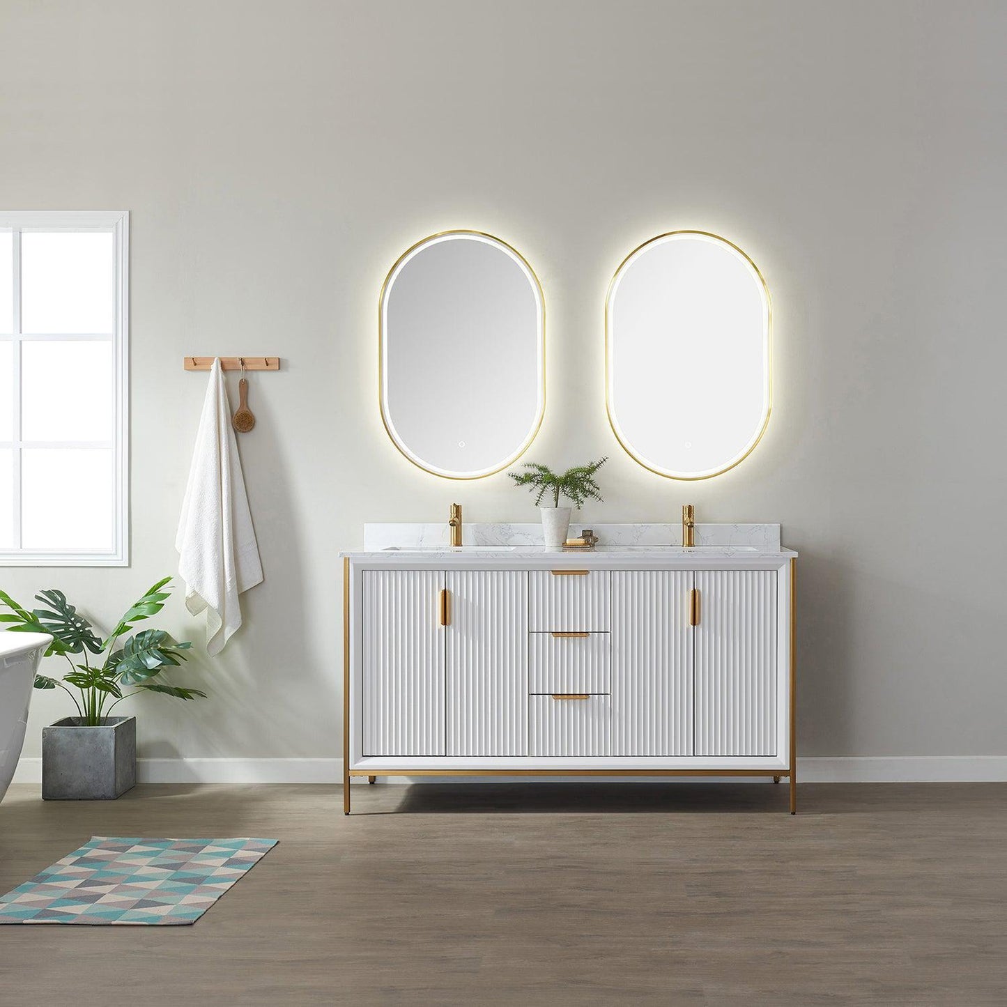 Vinnova Granada 60" Double Vanity In White With White Composite Grain Stone Countertop And Mirror