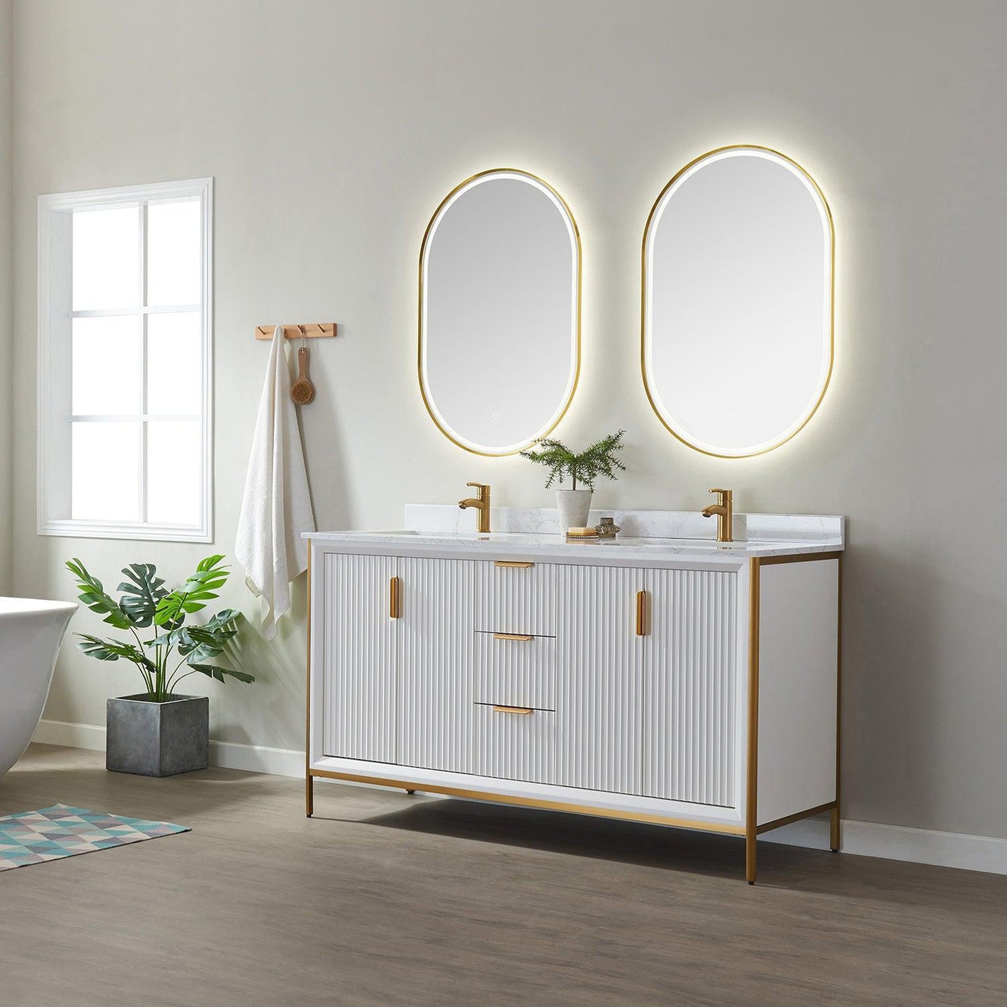 Vinnova Granada 60" Double Vanity In White With White Composite Grain Stone Countertop And Mirror