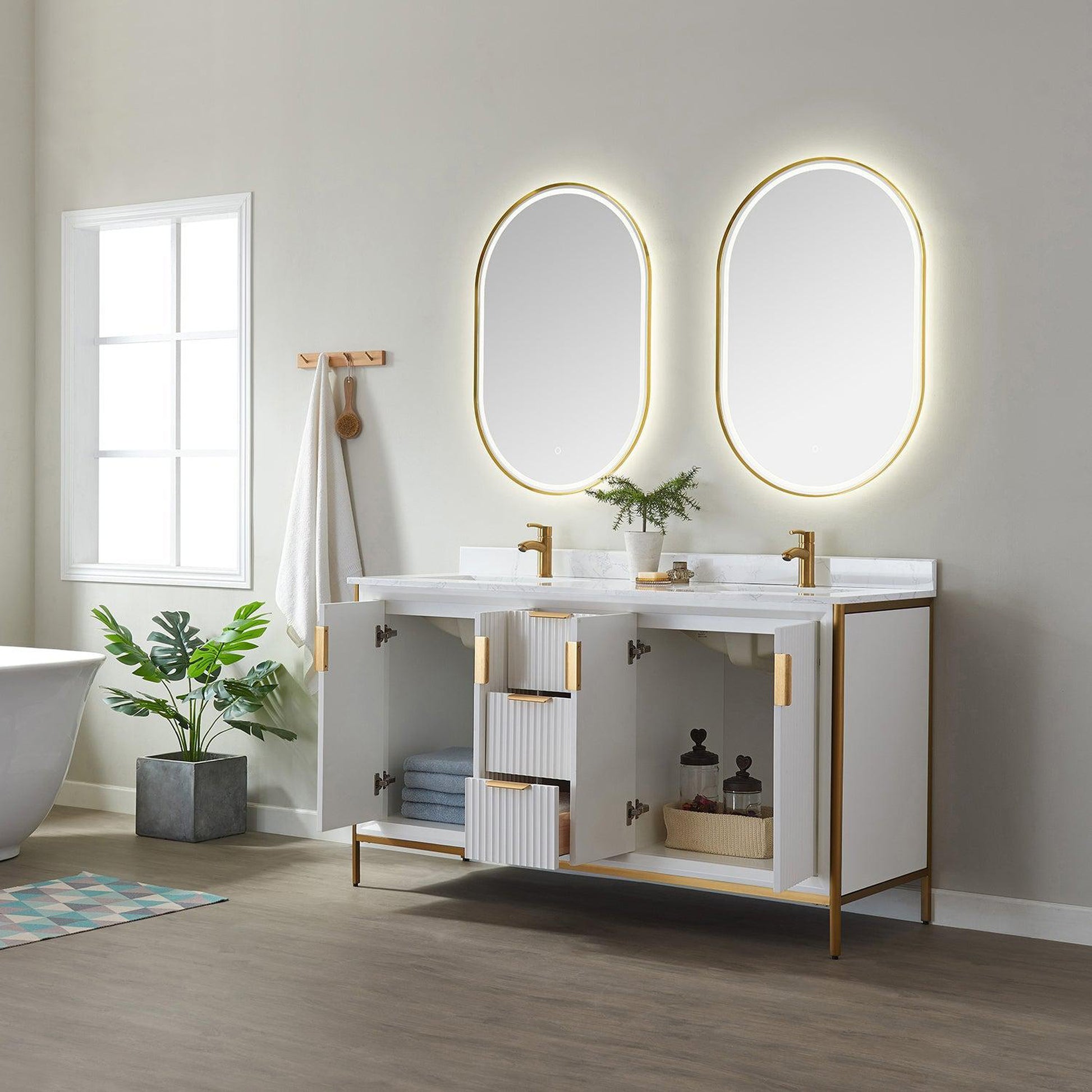 Vinnova Granada 60" Double Vanity In White With White Composite Grain Stone Countertop And Mirror