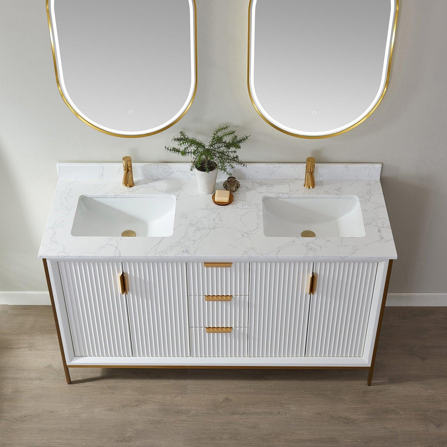 Vinnova Granada 60" Double Vanity In White With White Composite Grain Stone Countertop And Mirror