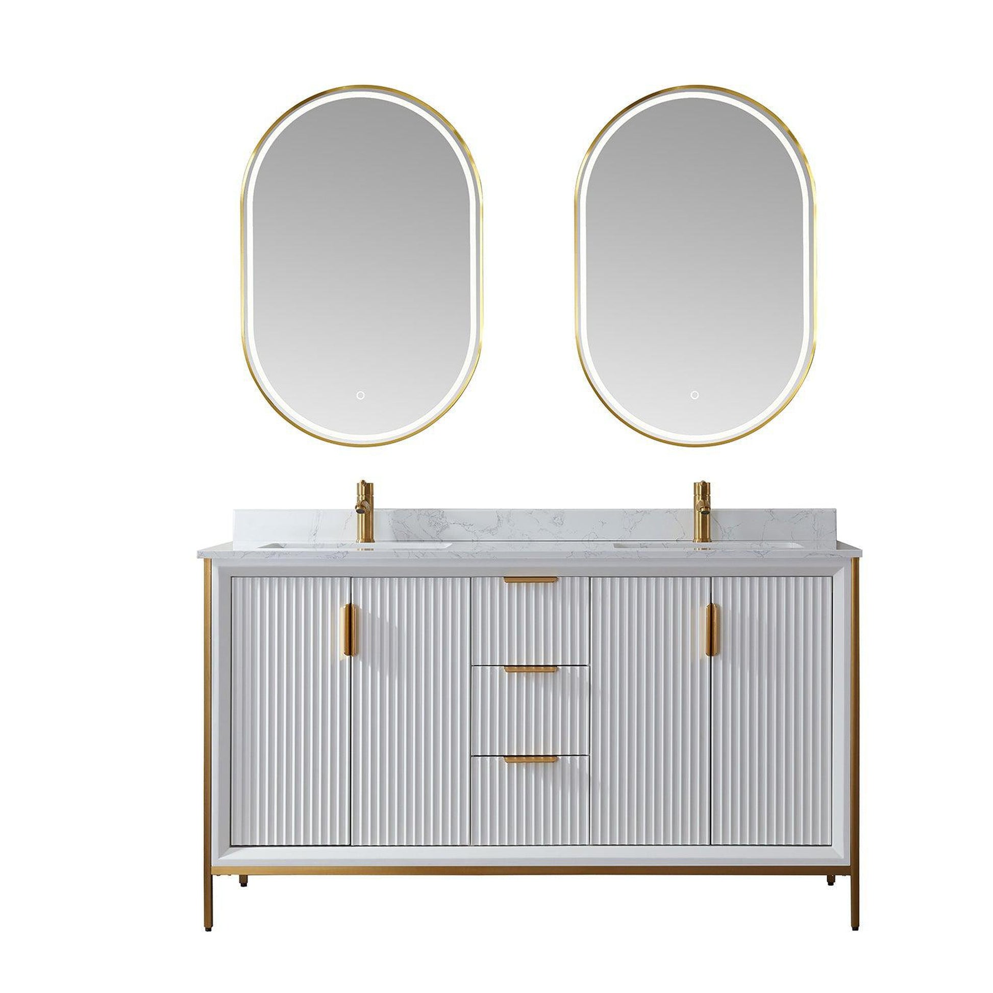 Vinnova Granada 60" Double Vanity In White With White Composite Grain Stone Countertop And Mirror