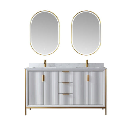 Vinnova Granada 60" Double Vanity In White With White Composite Grain Stone Countertop And Mirror