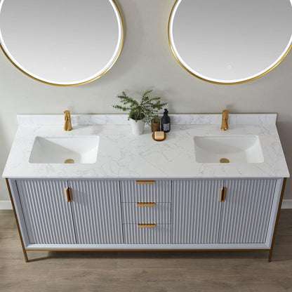 Vinnova Granada 72" Double Vanity In Paris Grey With White Composite Grain Stone Countertop And Mirror