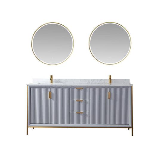 Vinnova Granada 72" Double Vanity In Paris Grey With White Composite Grain Stone Countertop And Mirror