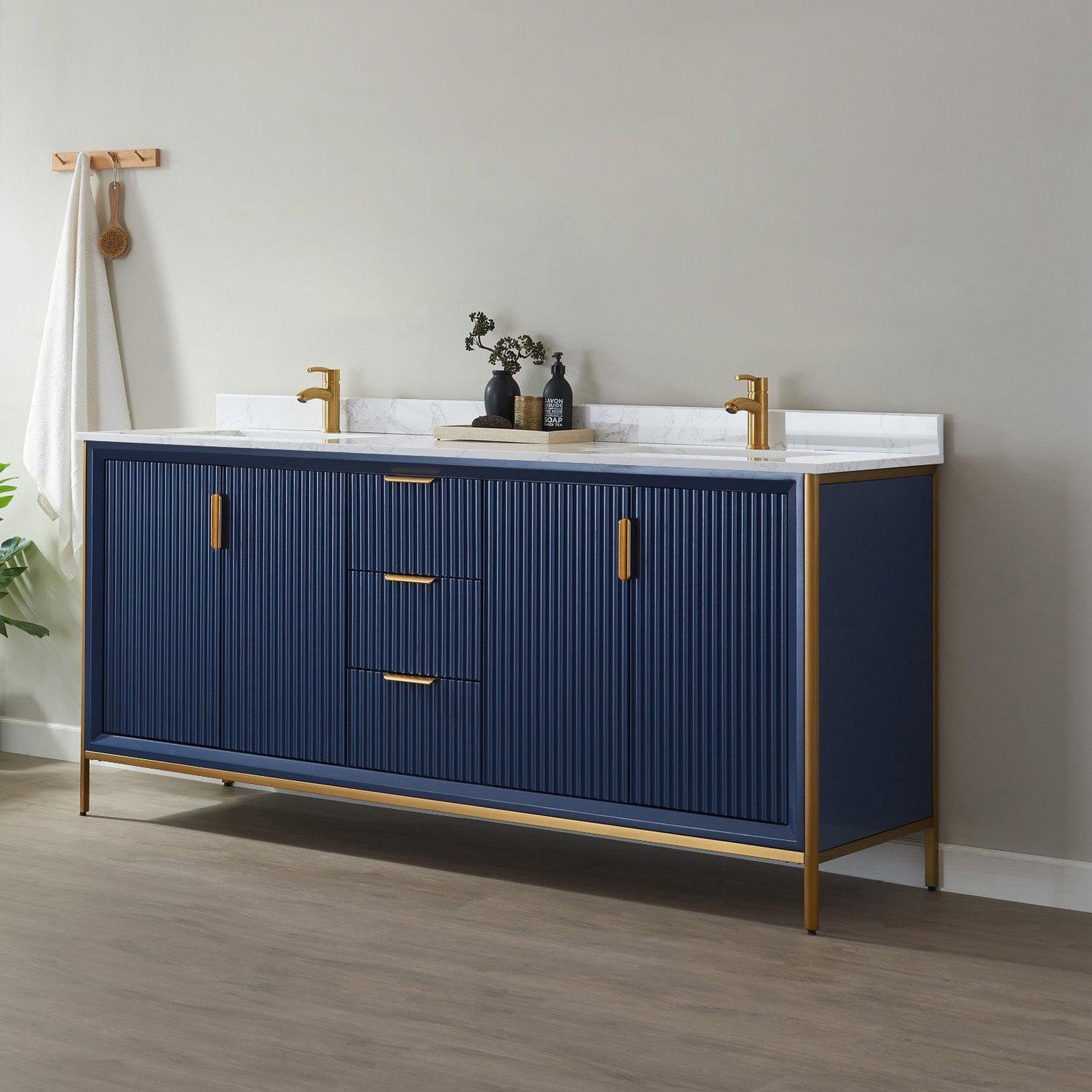 Vinnova Granada 72" Double Vanity In Royal Blue With White Composite Grain Stone Countertop