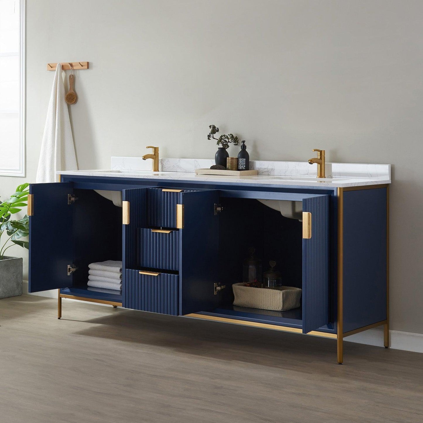 Vinnova Granada 72" Double Vanity In Royal Blue With White Composite Grain Stone Countertop