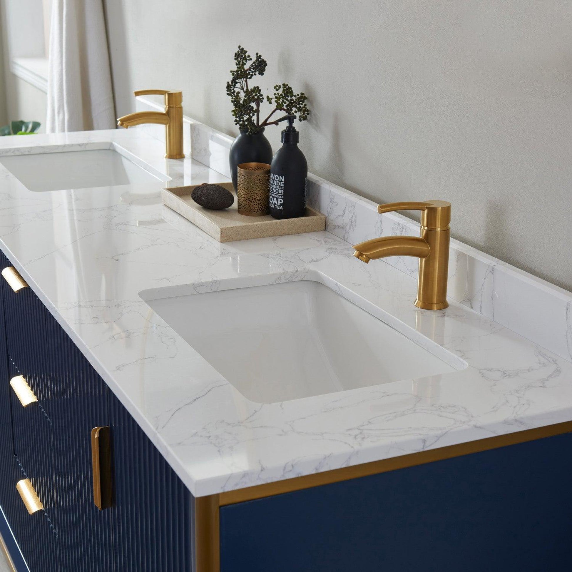 Vinnova Granada 72" Double Vanity In Royal Blue With White Composite Grain Stone Countertop