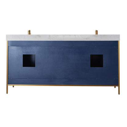 Vinnova Granada 72" Double Vanity In Royal Blue With White Composite Grain Stone Countertop And Mirror