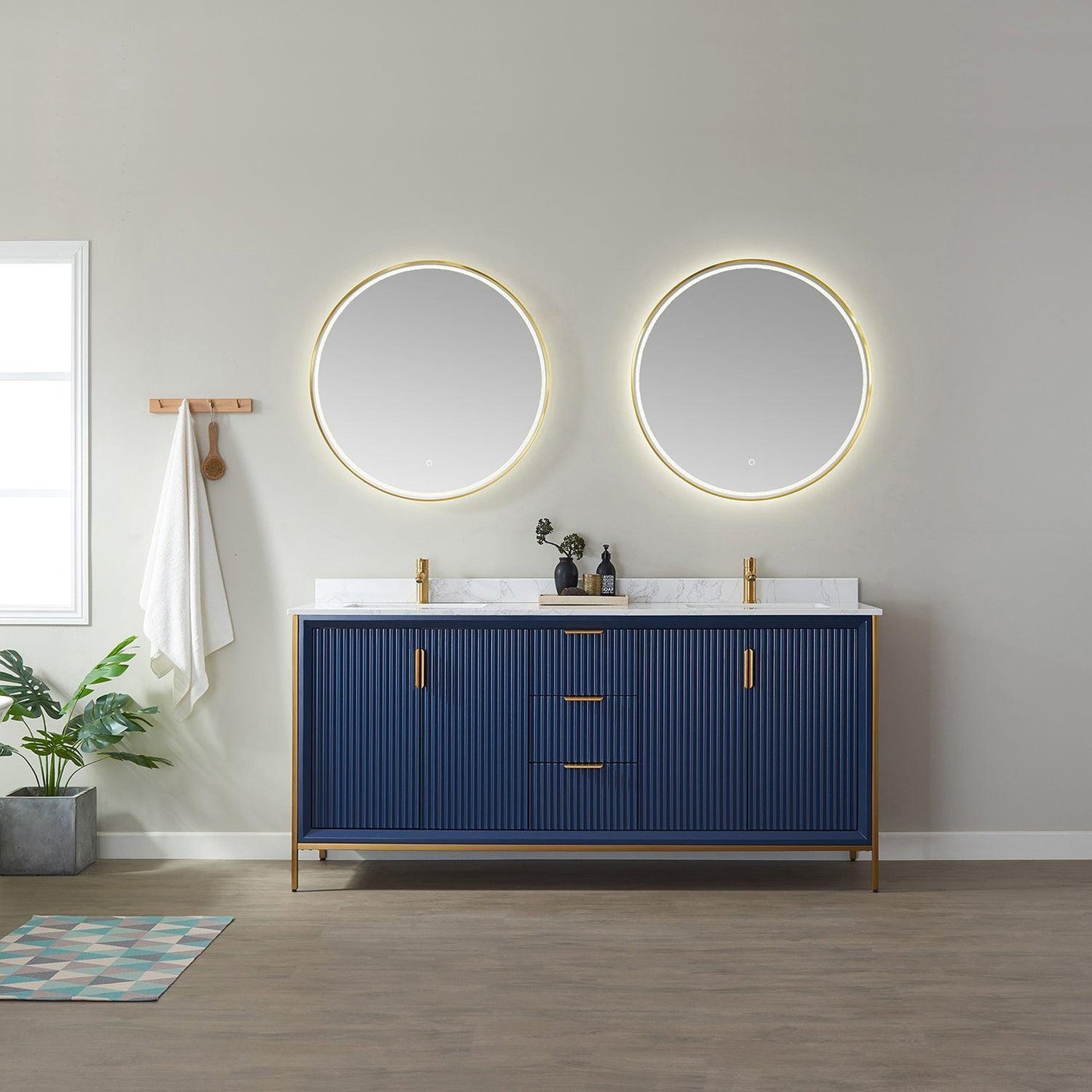 Vinnova Granada 72" Double Vanity In Royal Blue With White Composite Grain Stone Countertop And Mirror