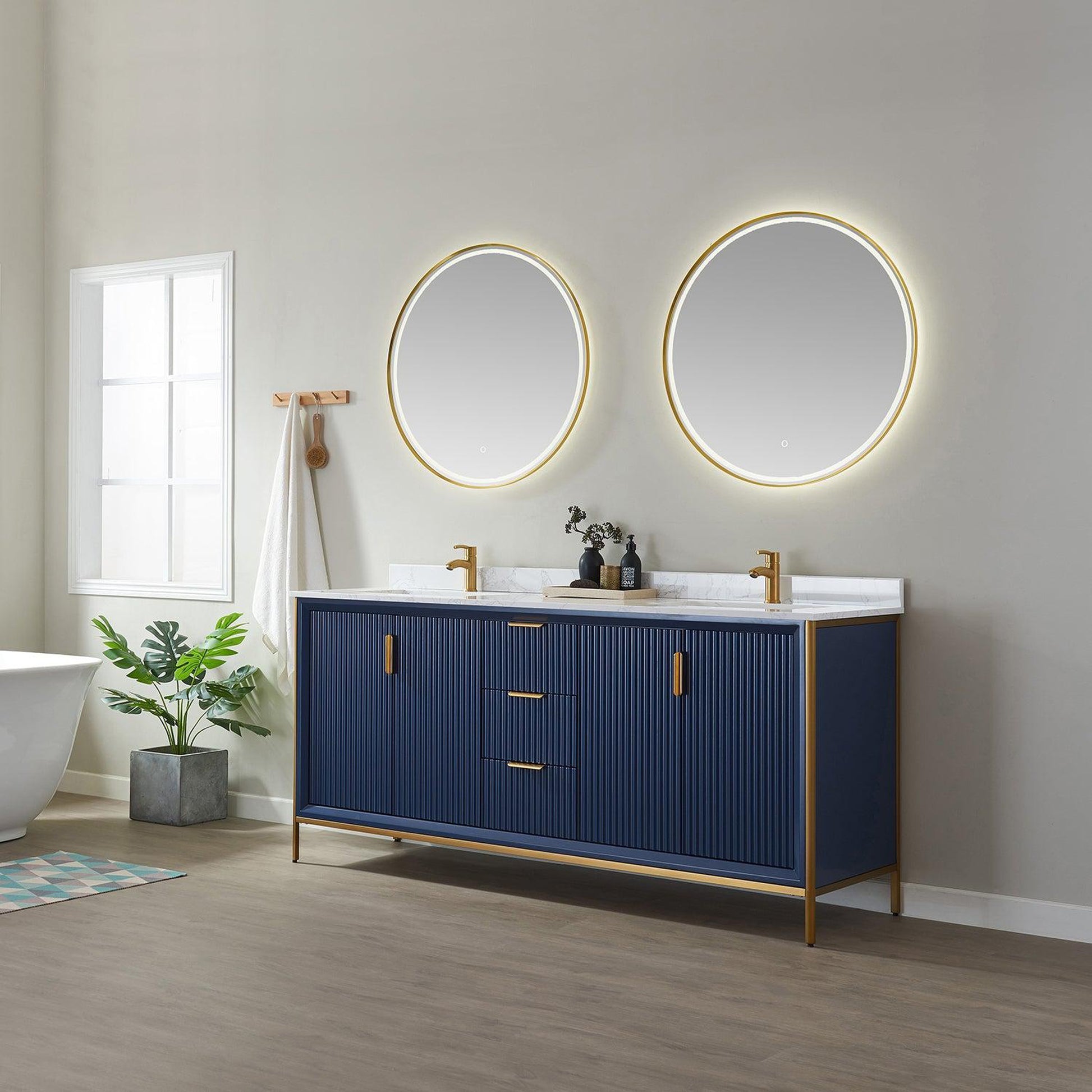 Vinnova Granada 72" Double Vanity In Royal Blue With White Composite Grain Stone Countertop And Mirror