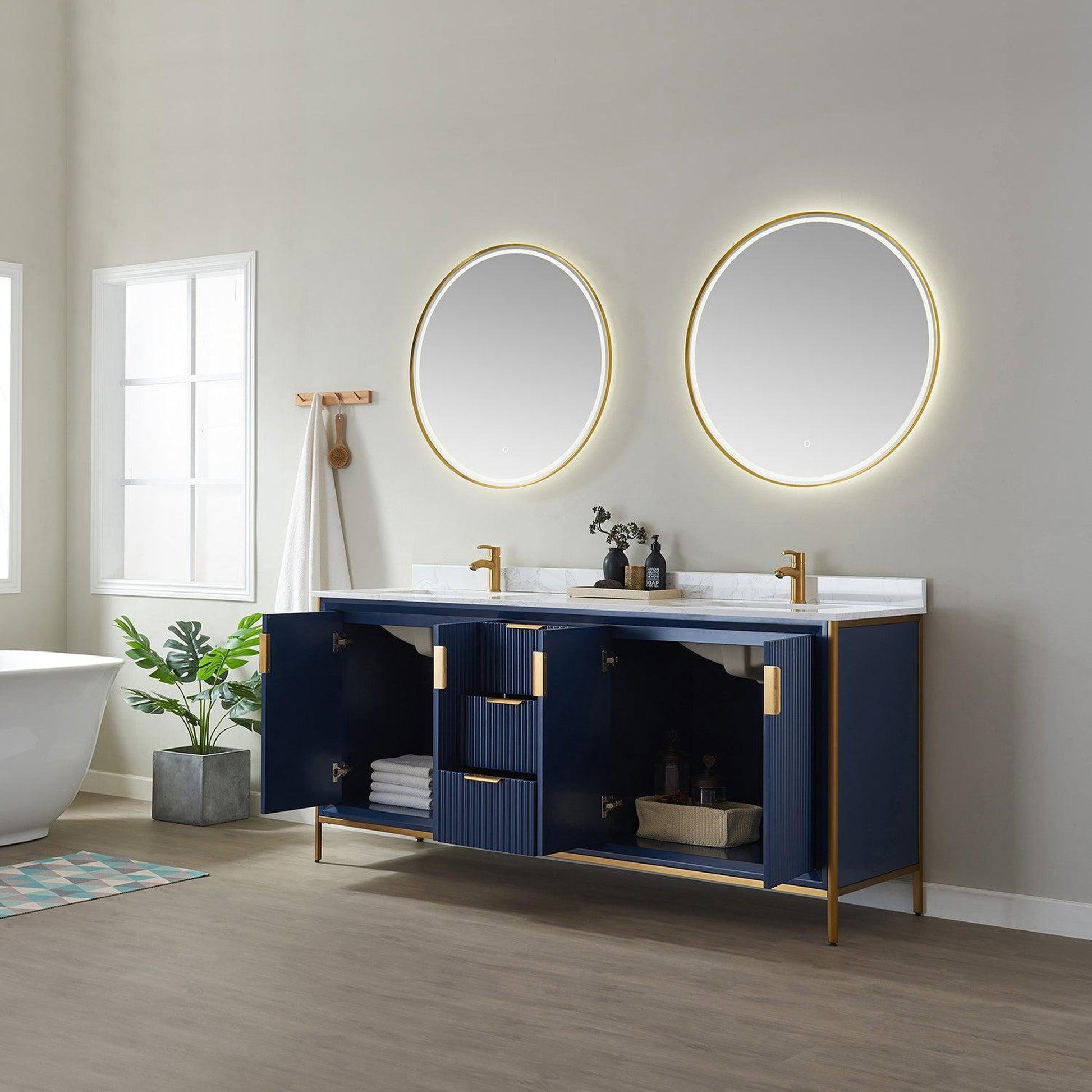 Vinnova Granada 72" Double Vanity In Royal Blue With White Composite Grain Stone Countertop And Mirror