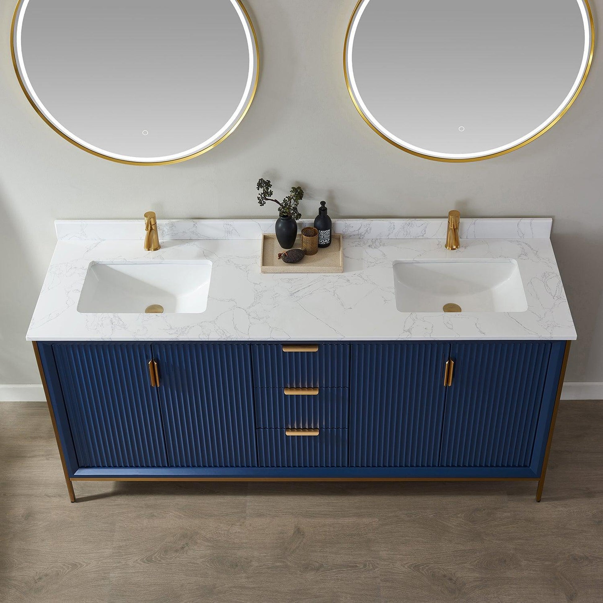 Vinnova Granada 72" Double Vanity In Royal Blue With White Composite Grain Stone Countertop And Mirror