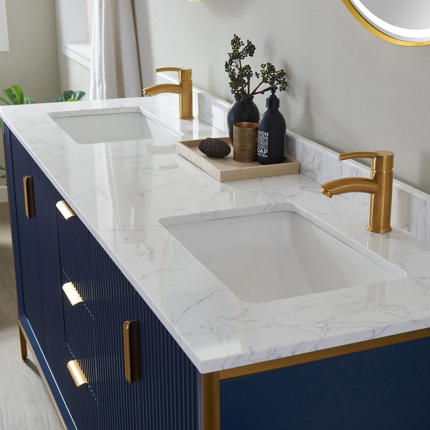 Vinnova Granada 72" Double Vanity In Royal Blue With White Composite Grain Stone Countertop And Mirror