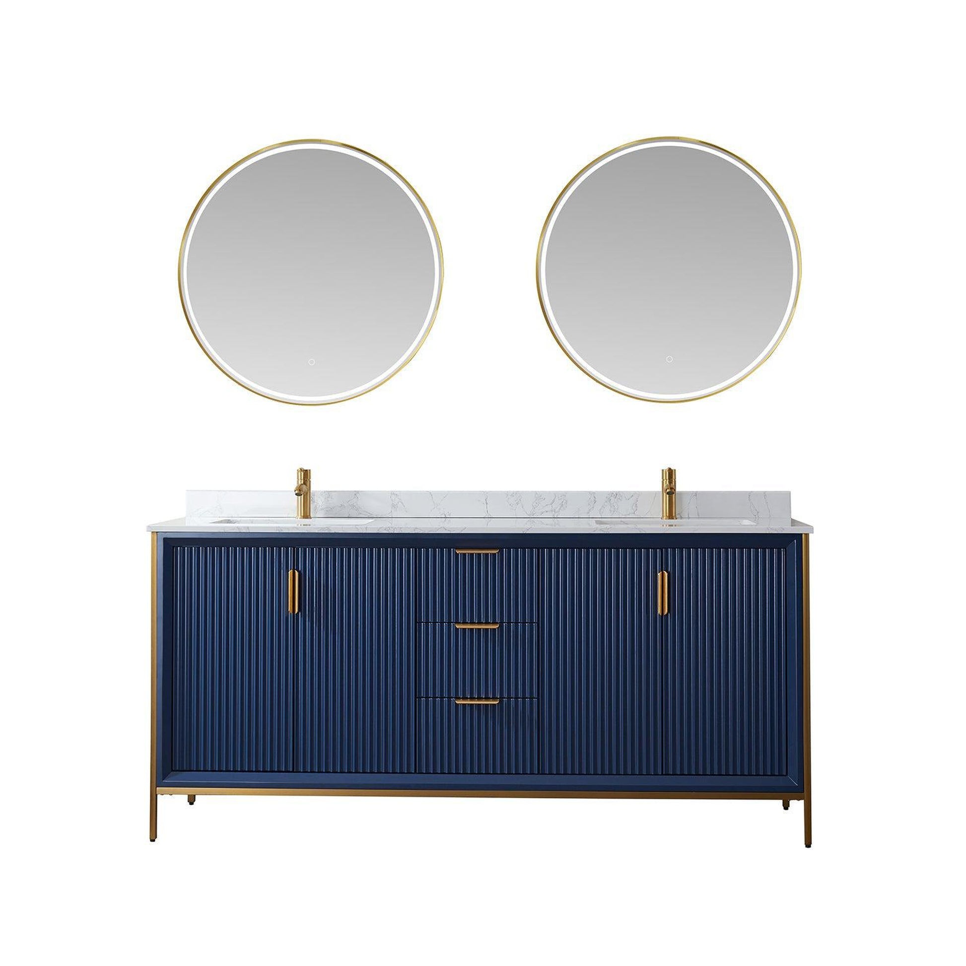 Vinnova Granada 72" Double Vanity In Royal Blue With White Composite Grain Stone Countertop And Mirror