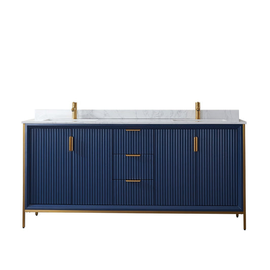 Vinnova Granada 72" Double Vanity In Royal Blue With White Composite Grain Stone Countertop