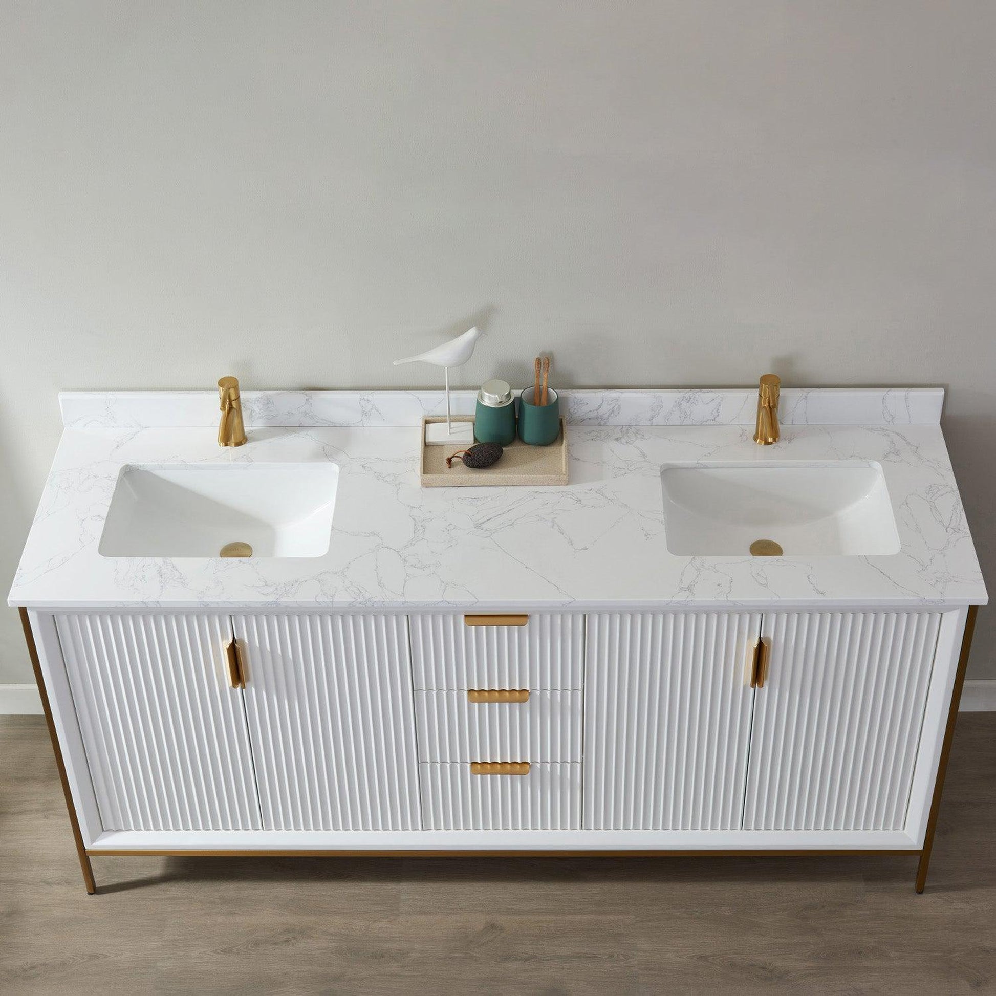 Vinnova Granada 72" Double Vanity In White With White Composite Grain Stone Countertop