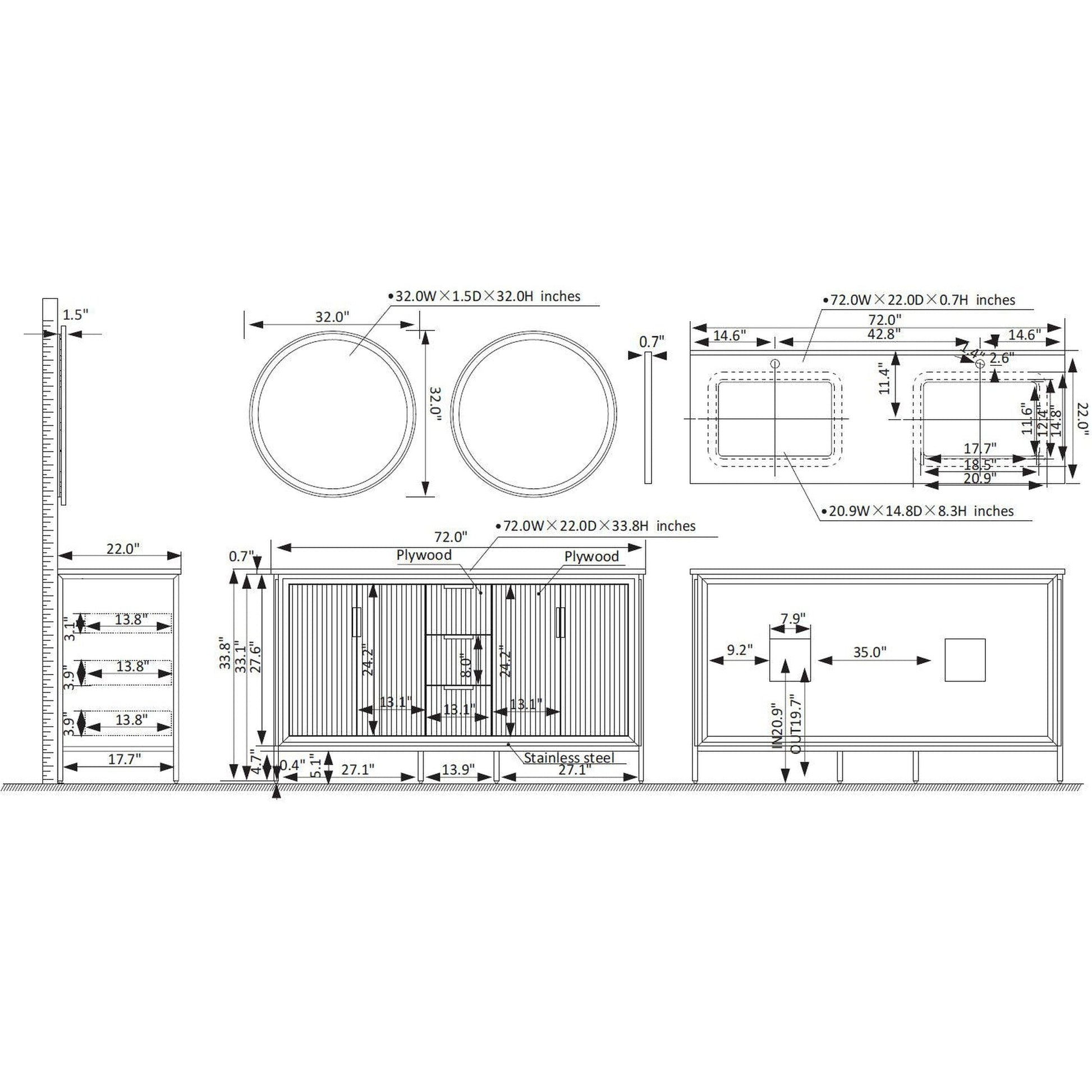 Vinnova Granada 72" Double Vanity In White With White Composite Grain Stone Countertop And Mirror