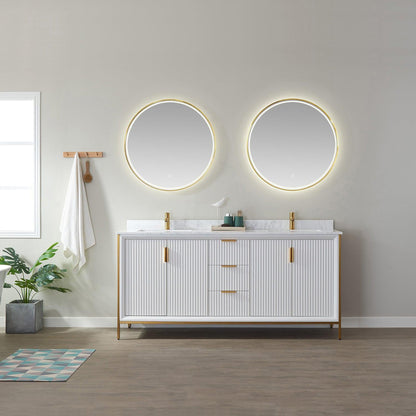 Vinnova Granada 72" Double Vanity In White With White Composite Grain Stone Countertop And Mirror