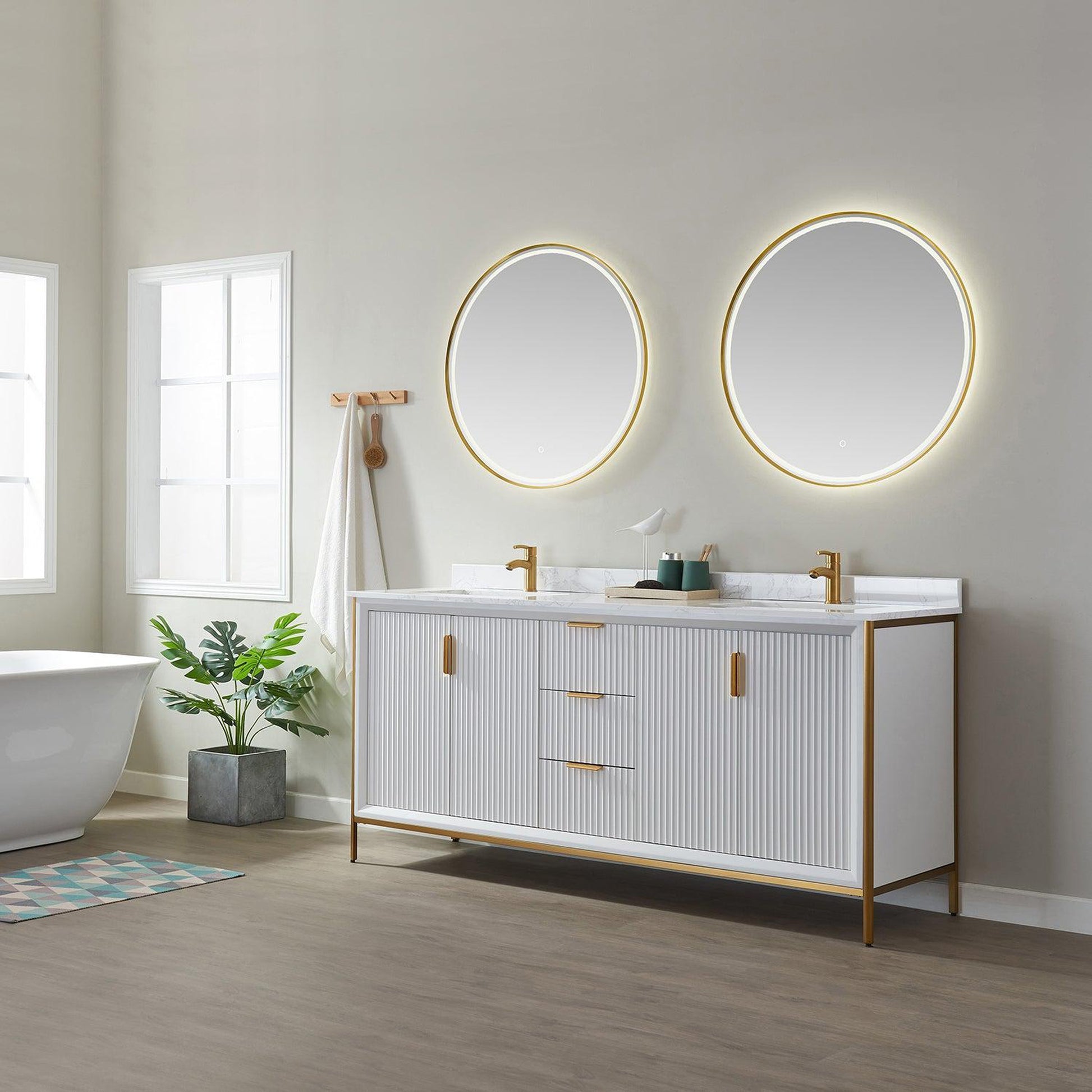 Vinnova Granada 72" Double Vanity In White With White Composite Grain Stone Countertop And Mirror