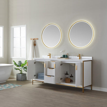 Vinnova Granada 72" Double Vanity In White With White Composite Grain Stone Countertop And Mirror