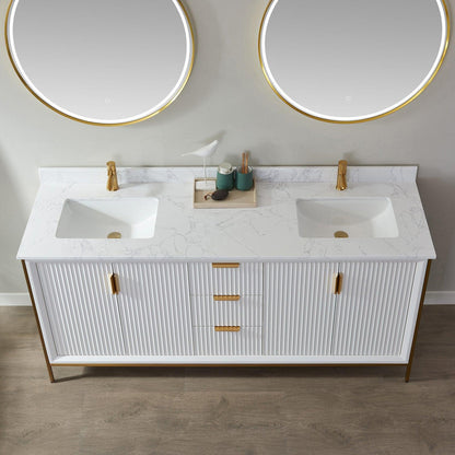 Vinnova Granada 72" Double Vanity In White With White Composite Grain Stone Countertop And Mirror