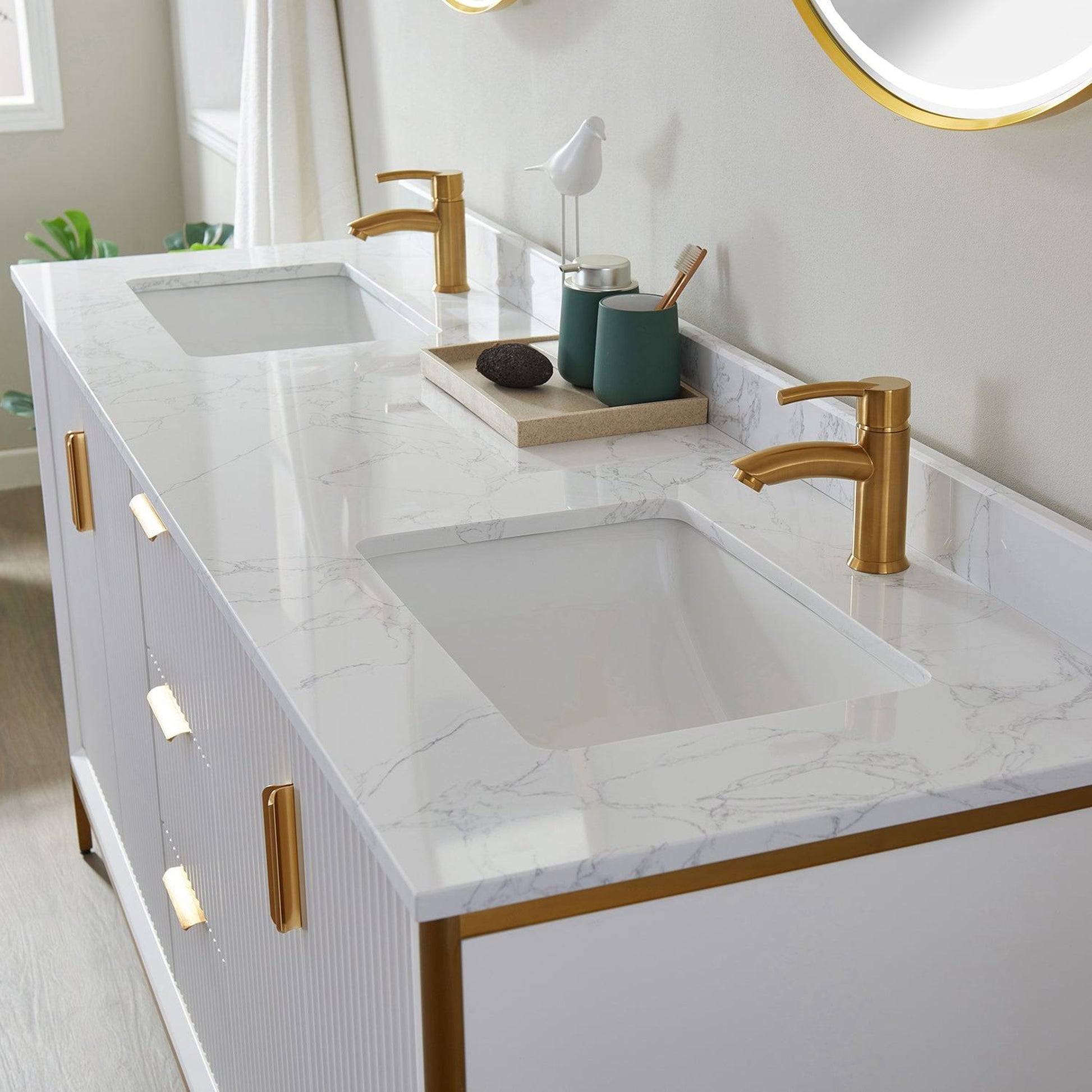 Vinnova Granada 72" Double Vanity In White With White Composite Grain Stone Countertop And Mirror