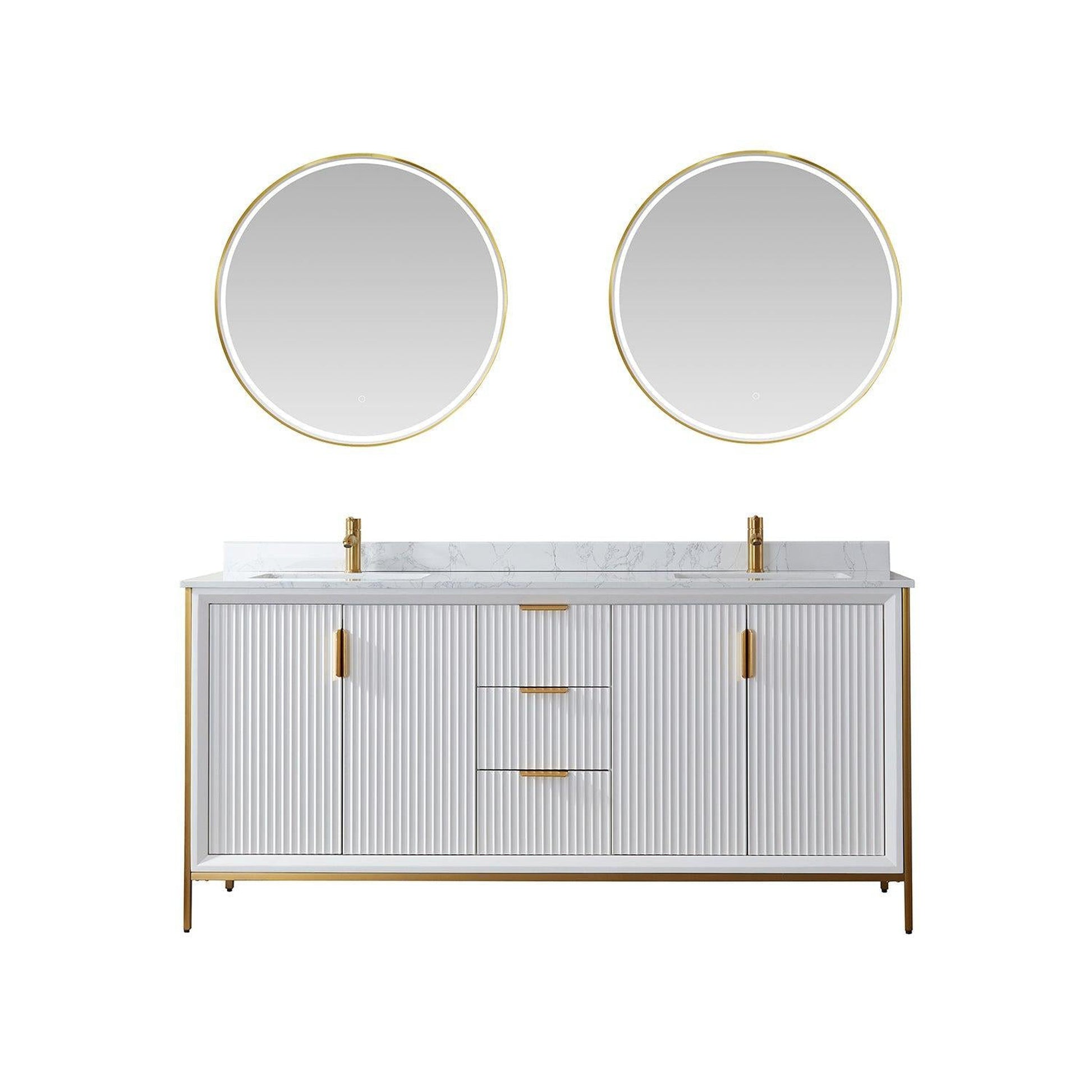 Vinnova Granada 72" Double Vanity In White With White Composite Grain Stone Countertop And Mirror