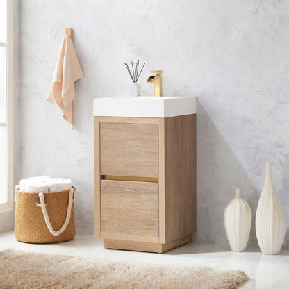 Vinnova Huesca 18" Single Sink Bath Vanity In North American Oak With White Composite Integral Square Sink Top