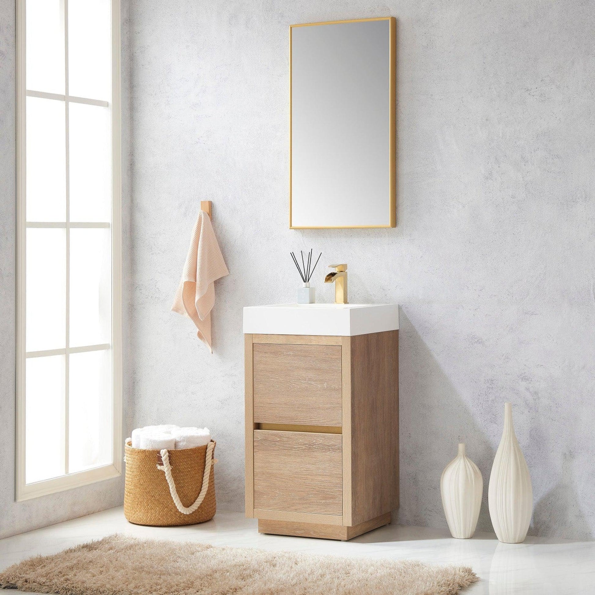 Vinnova Huesca 18" Single Sink Bath Vanity In North American Oak With White Composite Integral Square Sink Top And Mirror