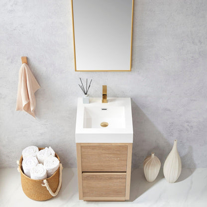 Vinnova Huesca 18" Single Sink Bath Vanity In North American Oak With White Composite Integral Square Sink Top And Mirror