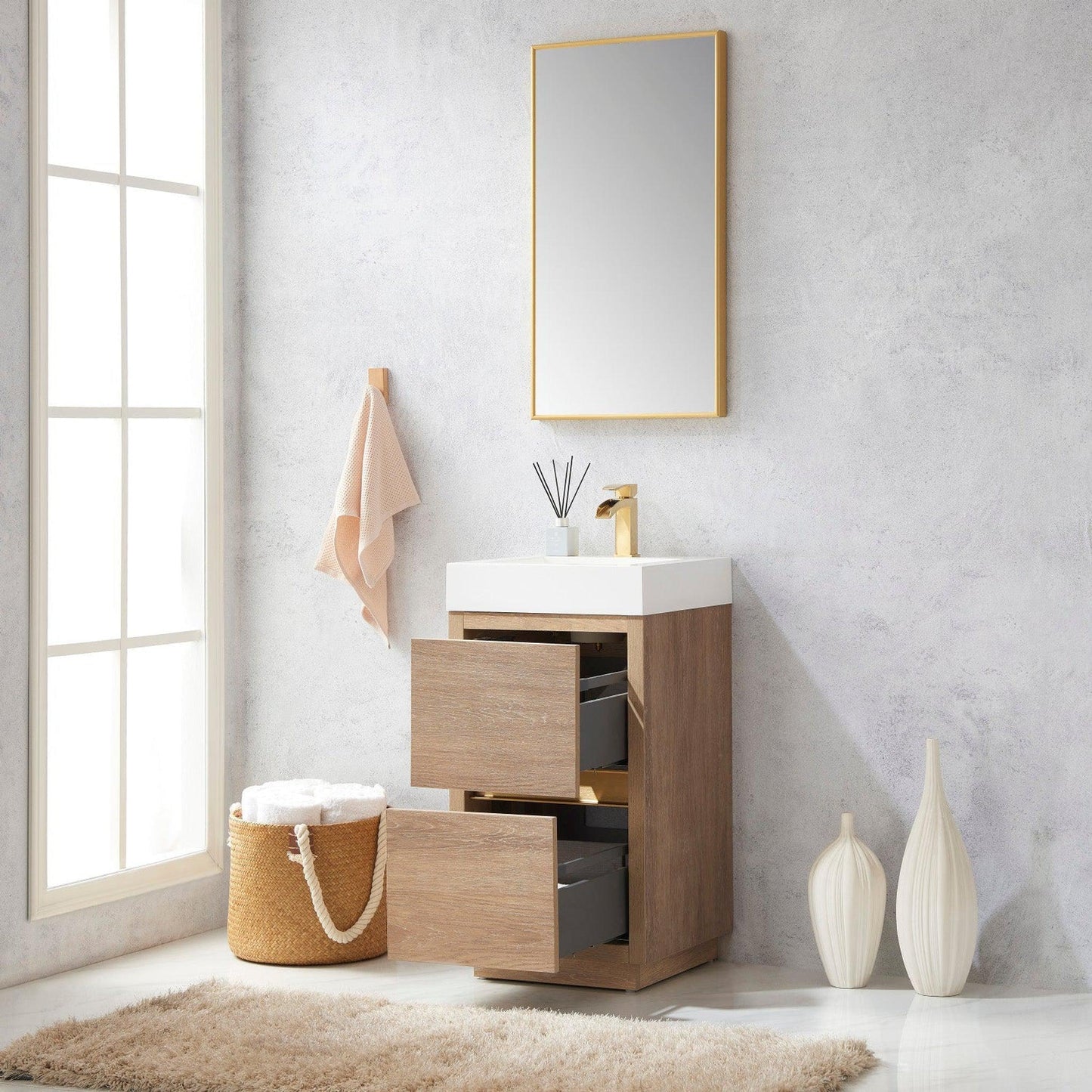 Vinnova Huesca 18" Single Sink Bath Vanity In North American Oak With White Composite Integral Square Sink Top And Mirror