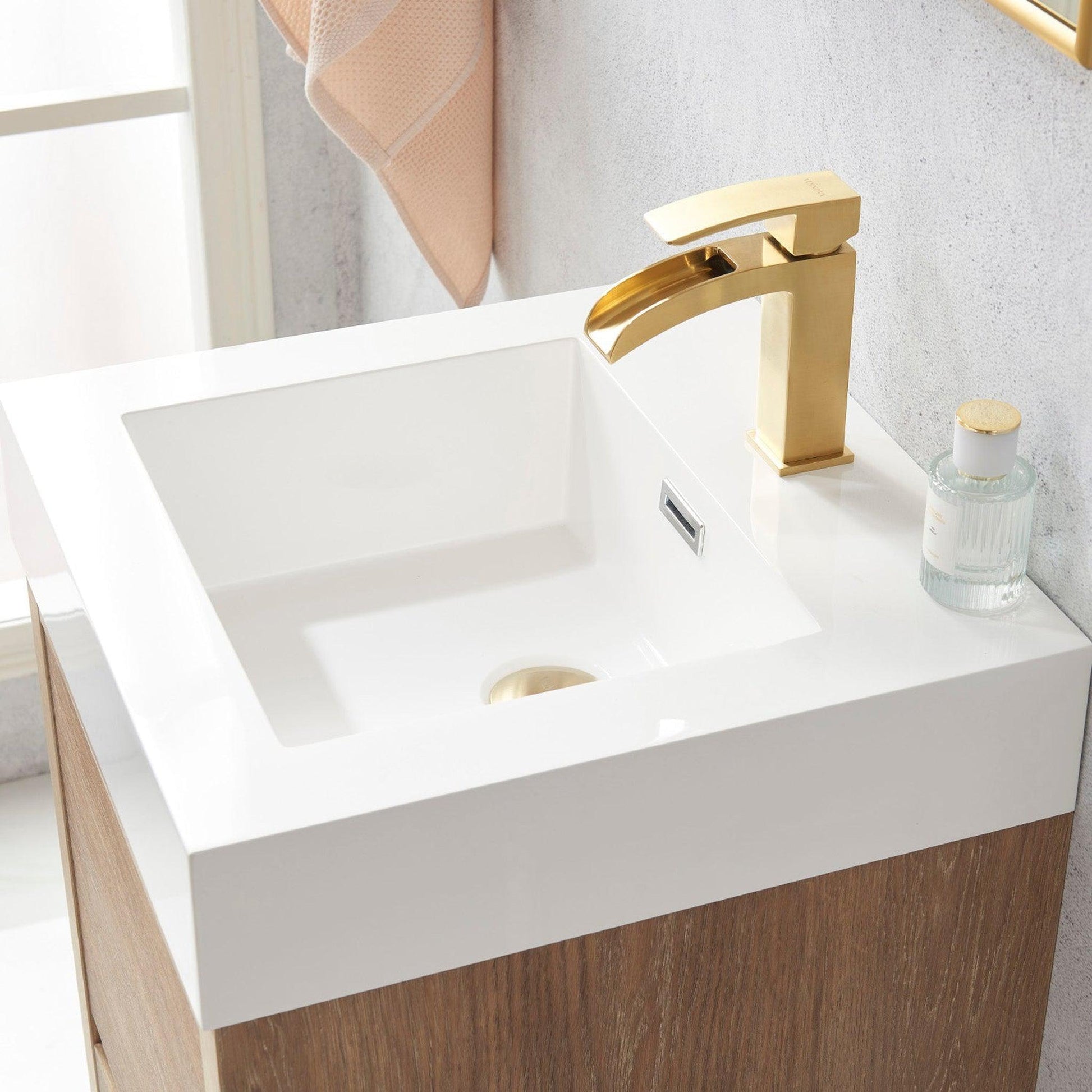 Vinnova Huesca 18" Single Sink Bath Vanity In North American Oak With White Composite Integral Square Sink Top And Mirror