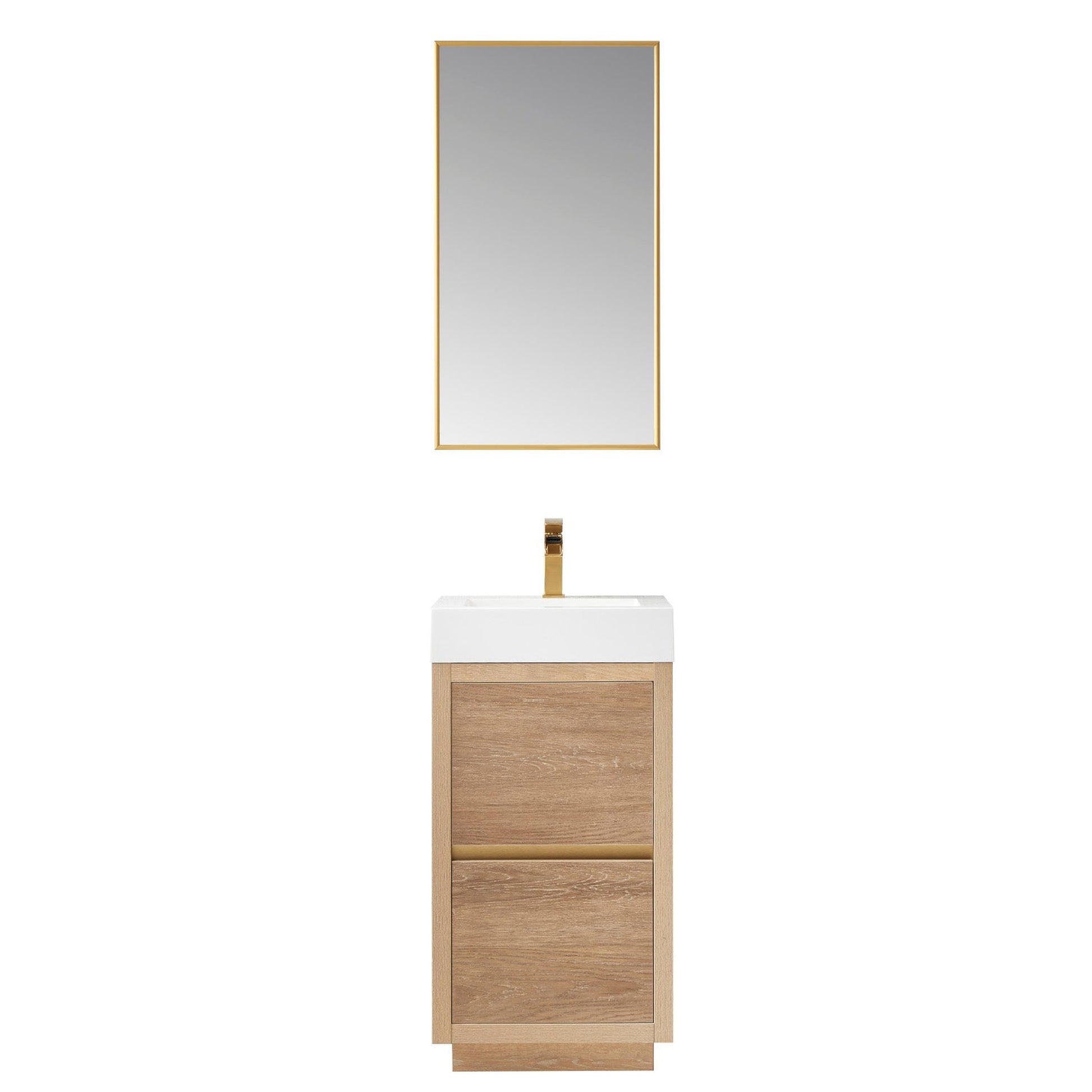 Vinnova Huesca 18" Single Sink Bath Vanity In North American Oak With White Composite Integral Square Sink Top And Mirror