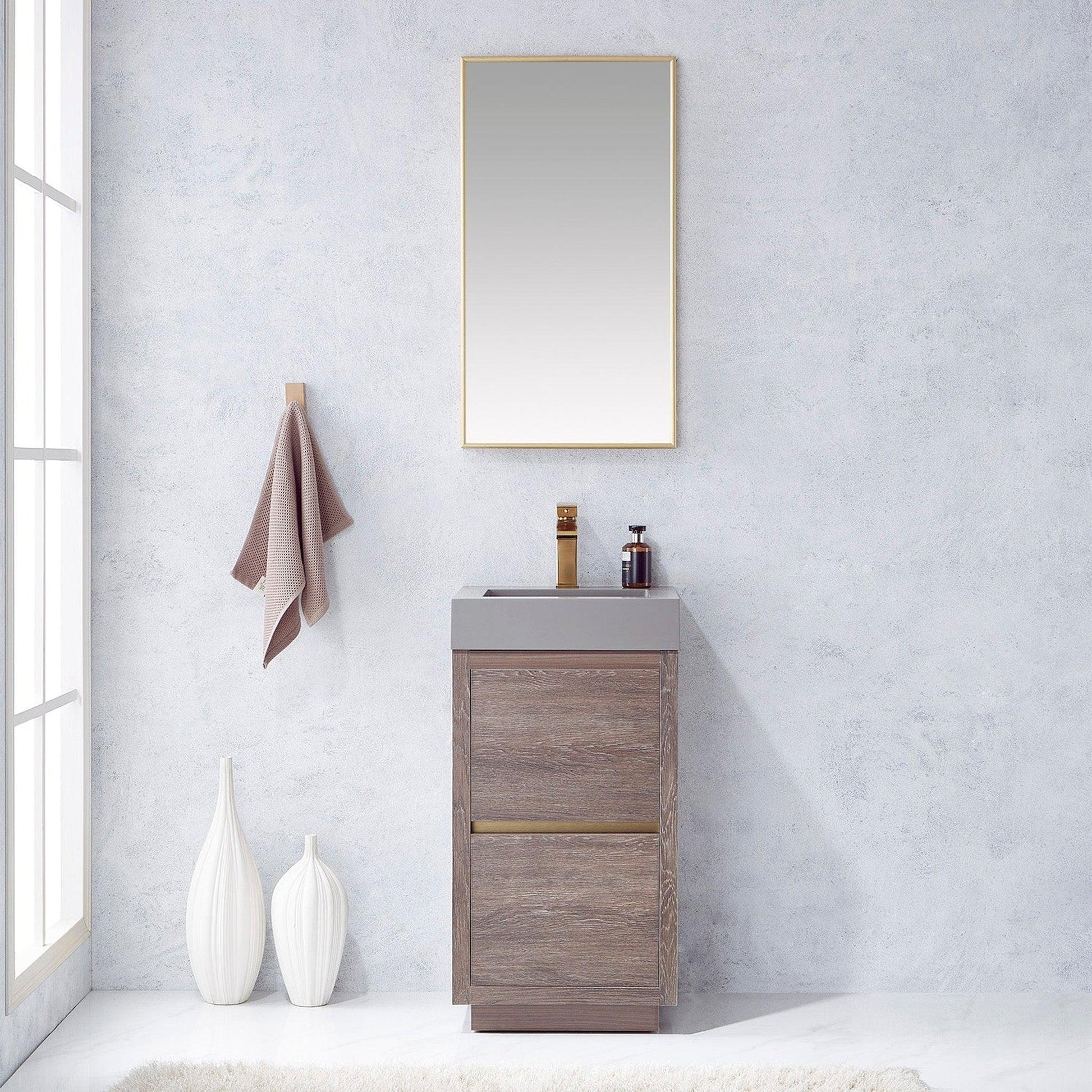 Vinnova Huesca 18" Single Sink Bath Vanity In North Carolina Oak With Grey Composite Integral Square Sink Top And Mirror