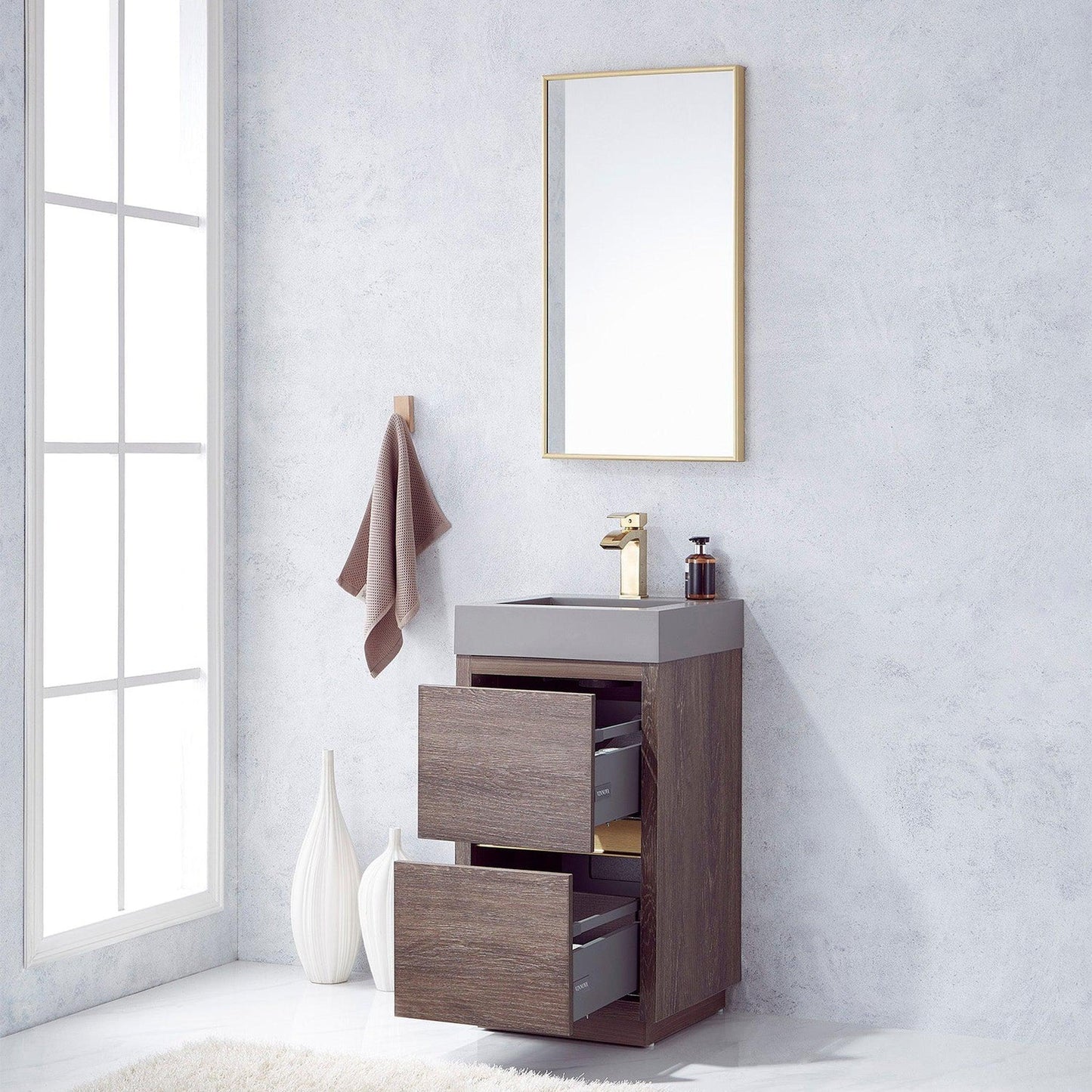 Vinnova Huesca 18" Single Sink Bath Vanity In North Carolina Oak With Grey Composite Integral Square Sink Top And Mirror