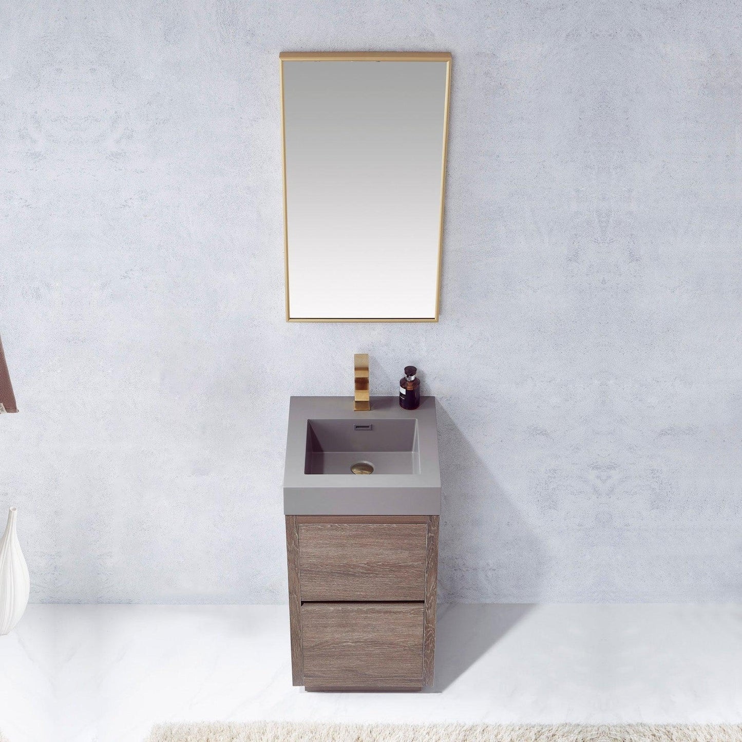 Vinnova Huesca 18" Single Sink Bath Vanity In North Carolina Oak With Grey Composite Integral Square Sink Top And Mirror