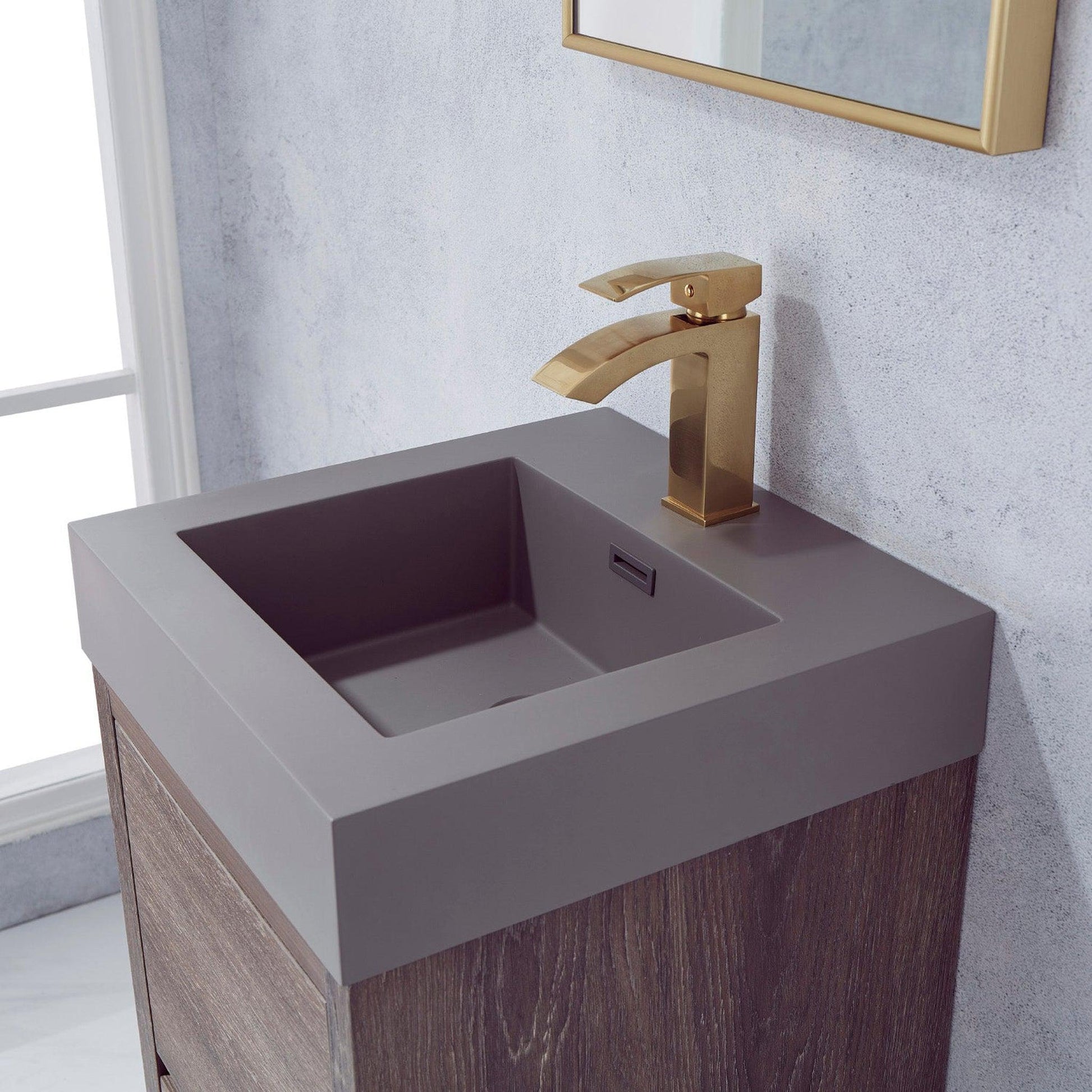 Vinnova Huesca 18" Single Sink Bath Vanity In North Carolina Oak With Grey Composite Integral Square Sink Top And Mirror