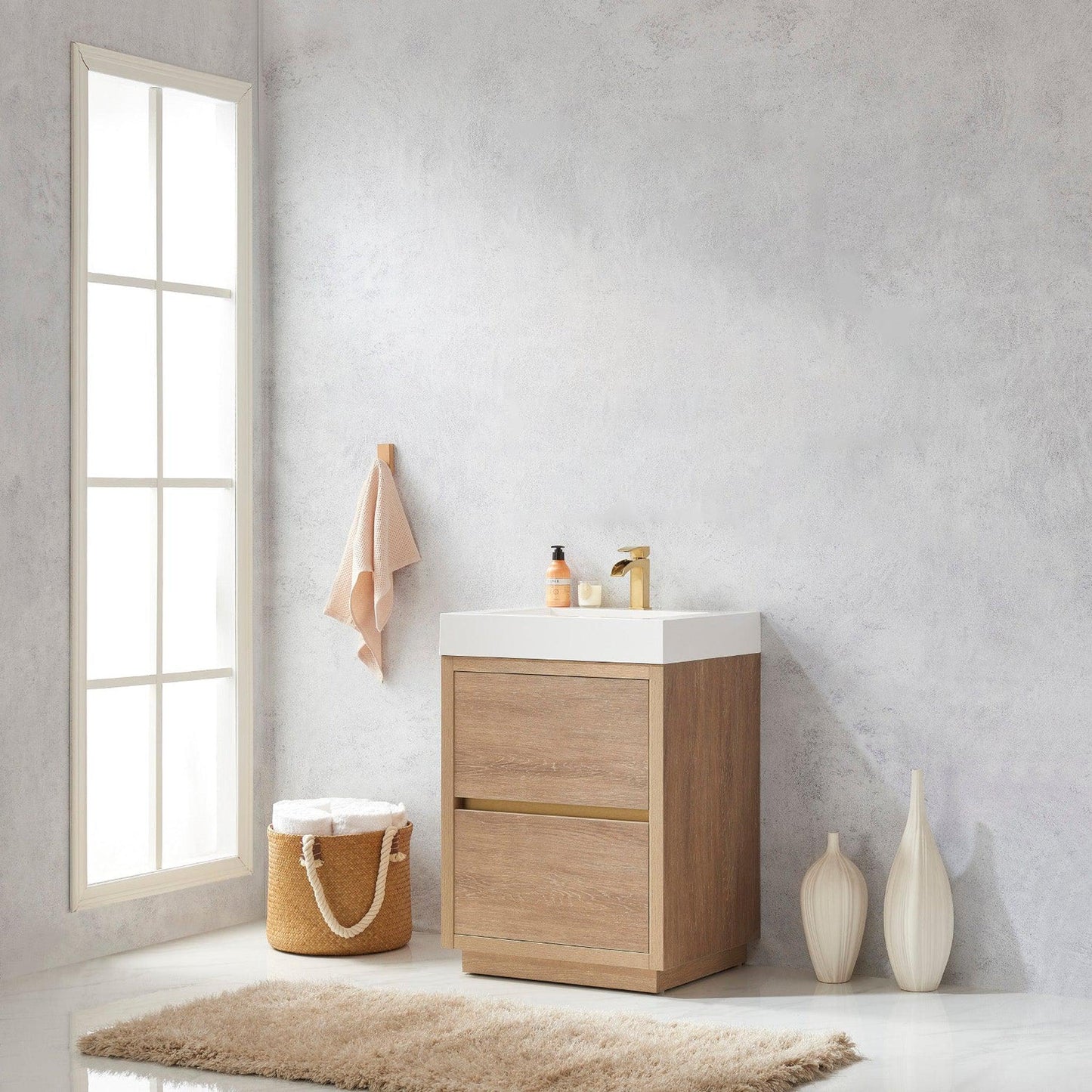 Vinnova Huesca 24" Single Sink Bath Vanity In North American Oak With White Composite Integral Square Sink Top