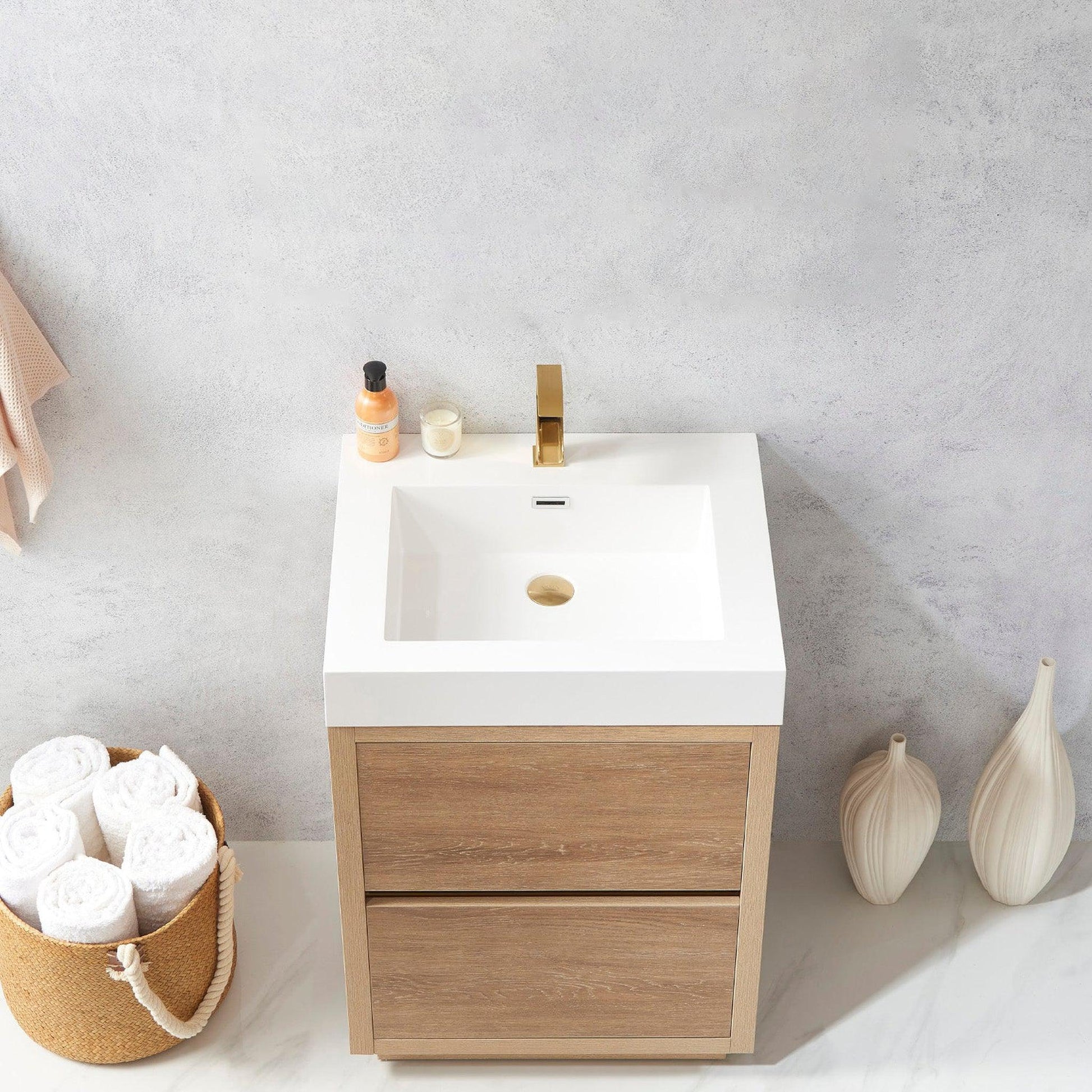 Vinnova Huesca 24" Single Sink Bath Vanity In North American Oak With White Composite Integral Square Sink Top