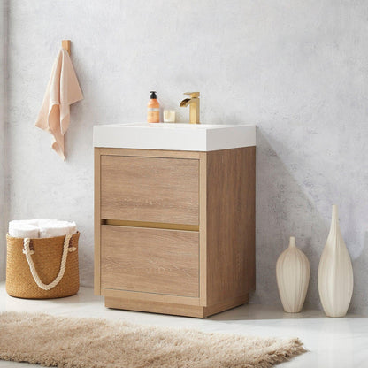 Vinnova Huesca 24" Single Sink Bath Vanity In North American Oak With White Composite Integral Square Sink Top