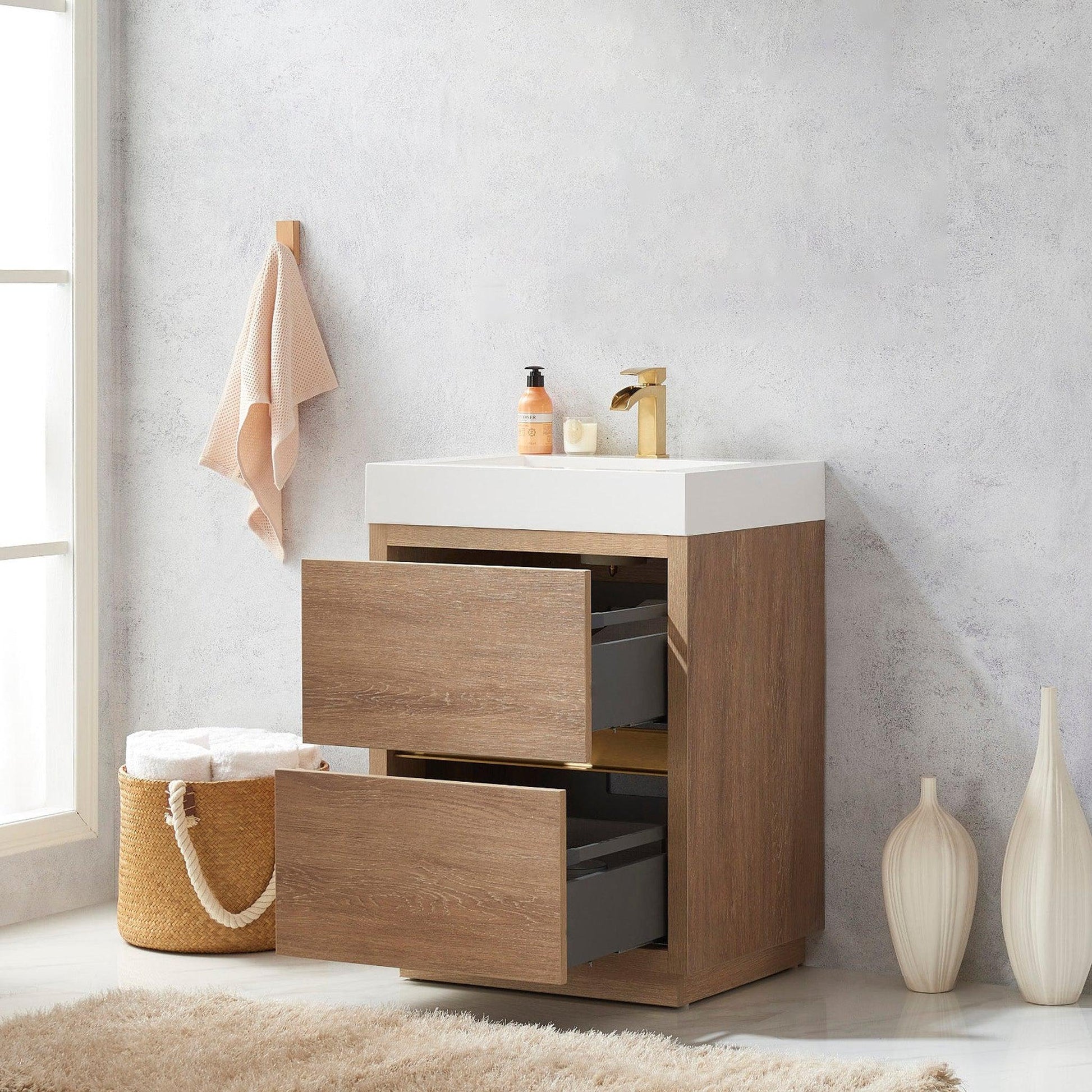 Vinnova Huesca 24" Single Sink Bath Vanity In North American Oak With White Composite Integral Square Sink Top