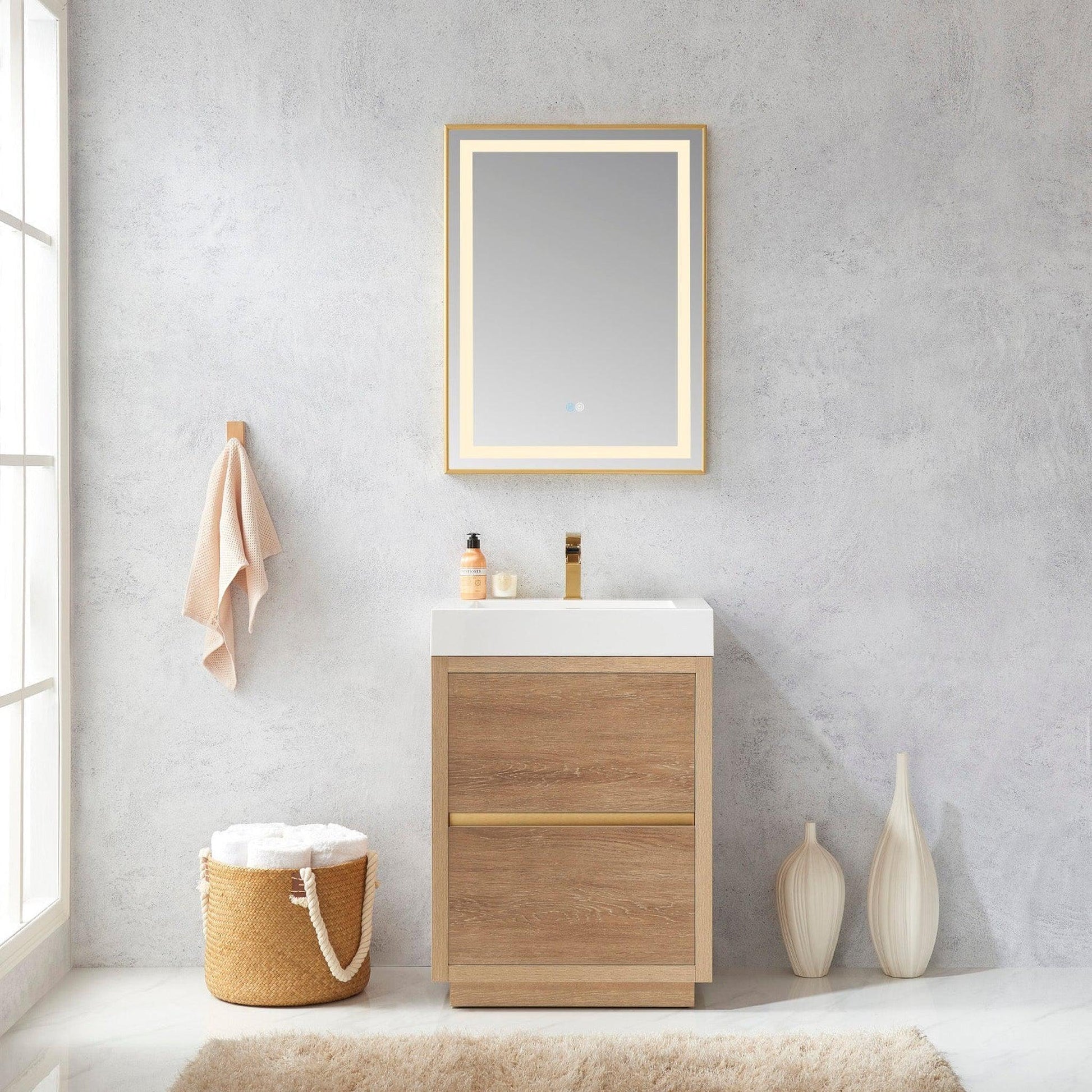 Vinnova Huesca 24" Single Sink Bath Vanity In North American Oak With White Composite Integral Square Sink Top And Mirror