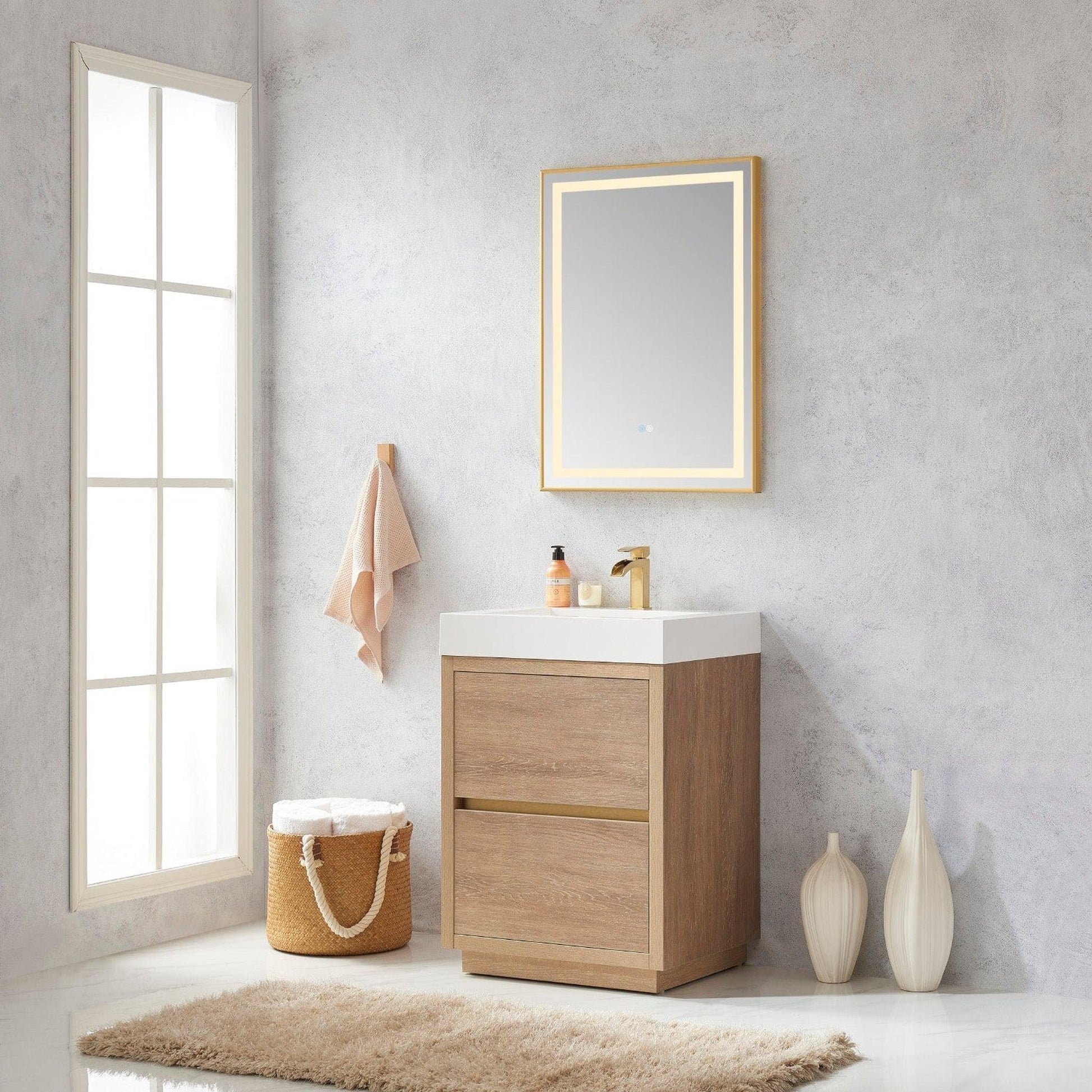 Vinnova Huesca 24" Single Sink Bath Vanity In North American Oak With White Composite Integral Square Sink Top And Mirror