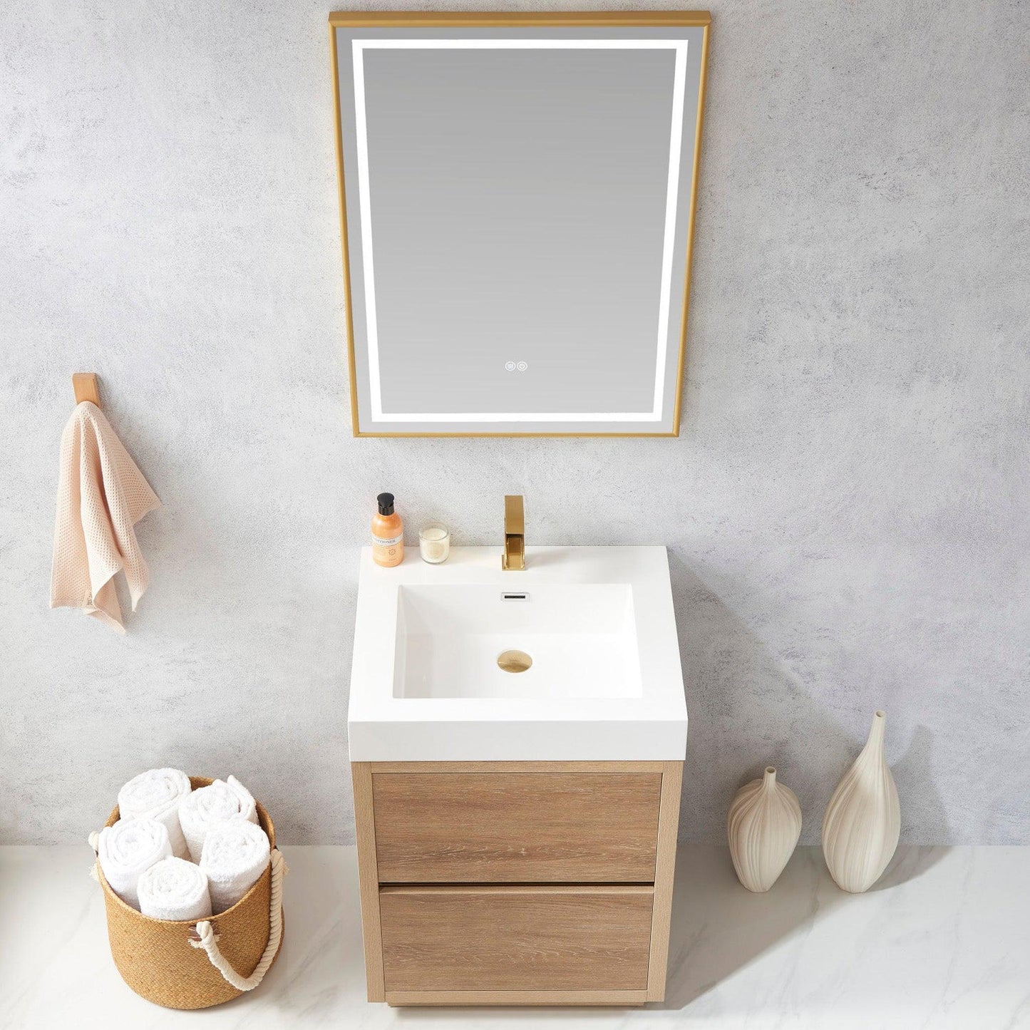 Vinnova Huesca 24" Single Sink Bath Vanity In North American Oak With White Composite Integral Square Sink Top And Mirror