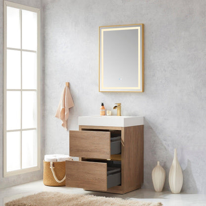 Vinnova Huesca 24" Single Sink Bath Vanity In North American Oak With White Composite Integral Square Sink Top And Mirror