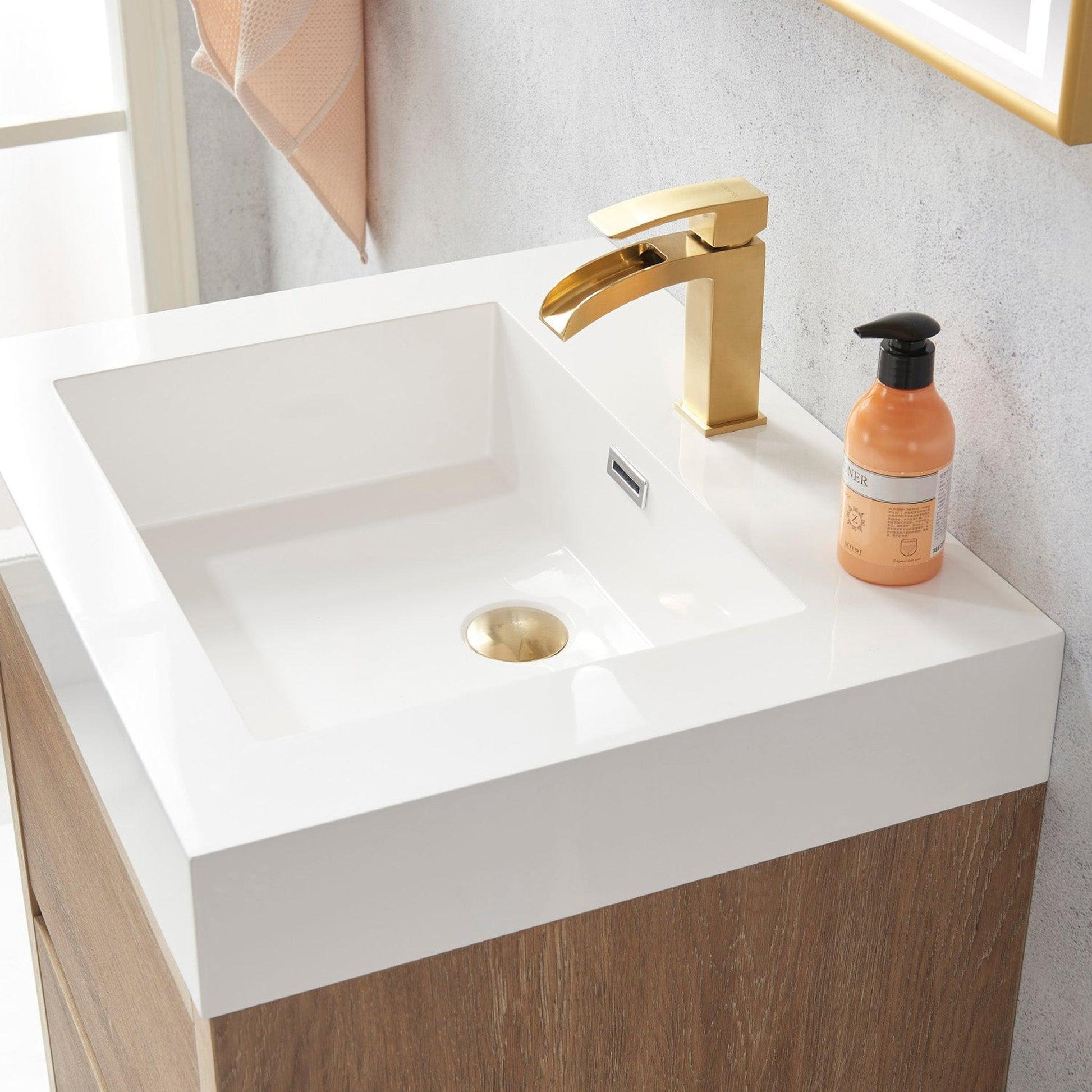 Vinnova Huesca 24" Single Sink Bath Vanity In North American Oak With White Composite Integral Square Sink Top And Mirror